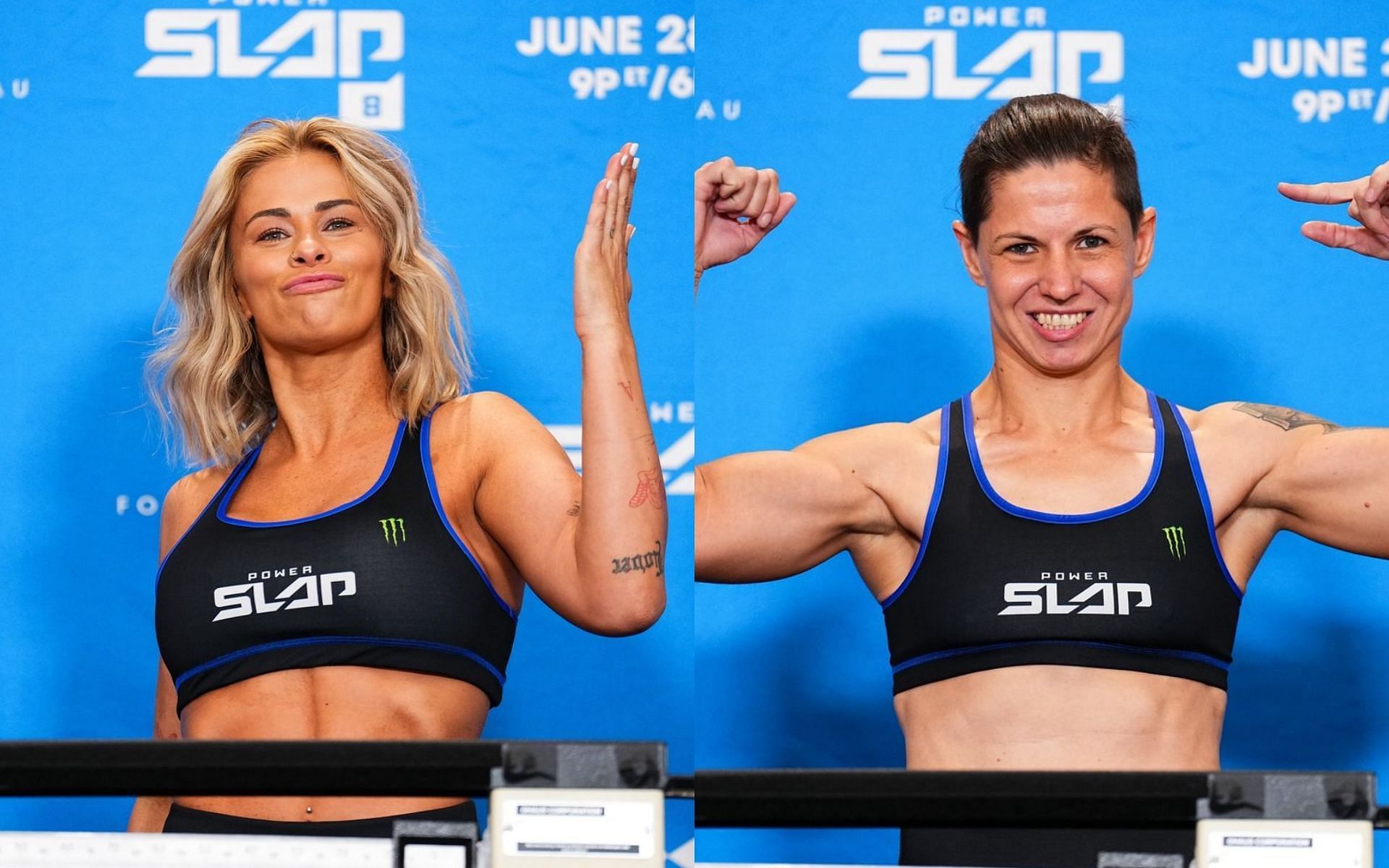 Paige VanZant (left) and Christine Wolmarans (right) pose at the scales during weigh ins [Images courtesy @powerslap on Instagram]