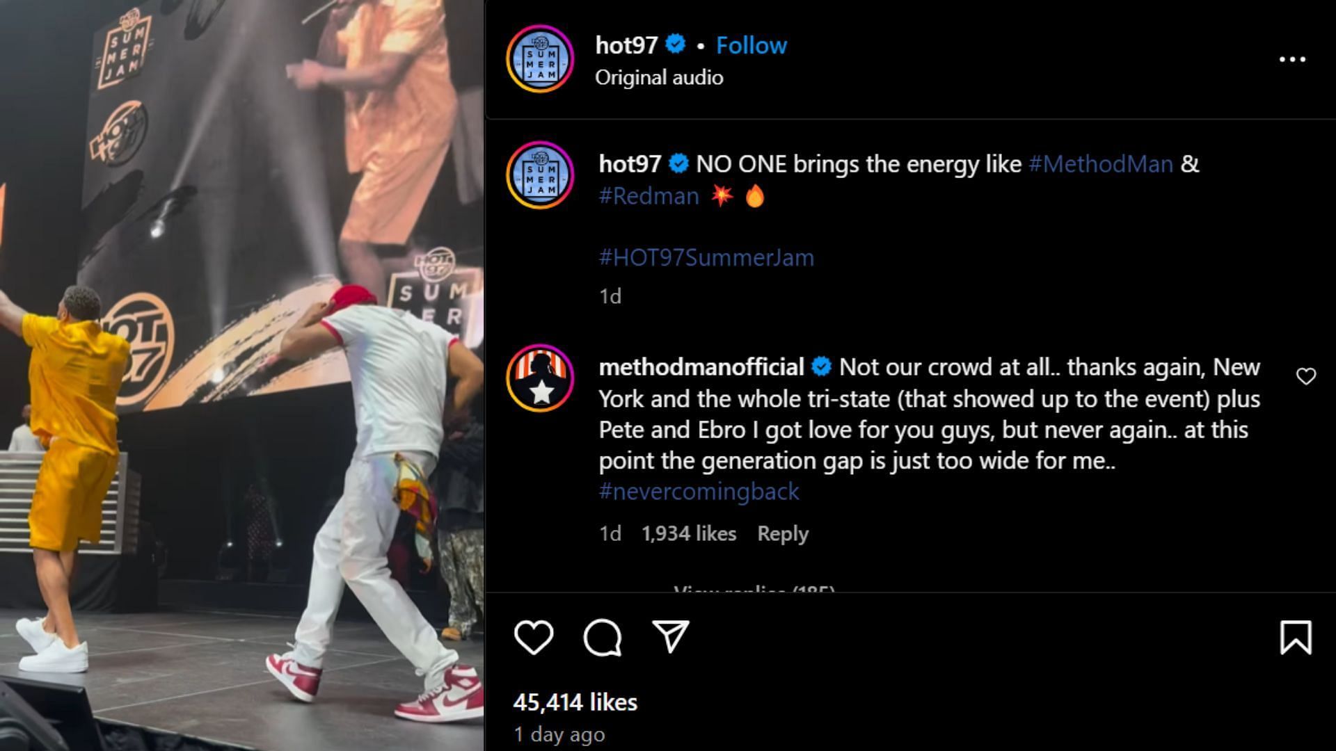 EMethod Man&#039;s comment on Hot97&#039;s Instagram post (Image via Instagram/@hot97)