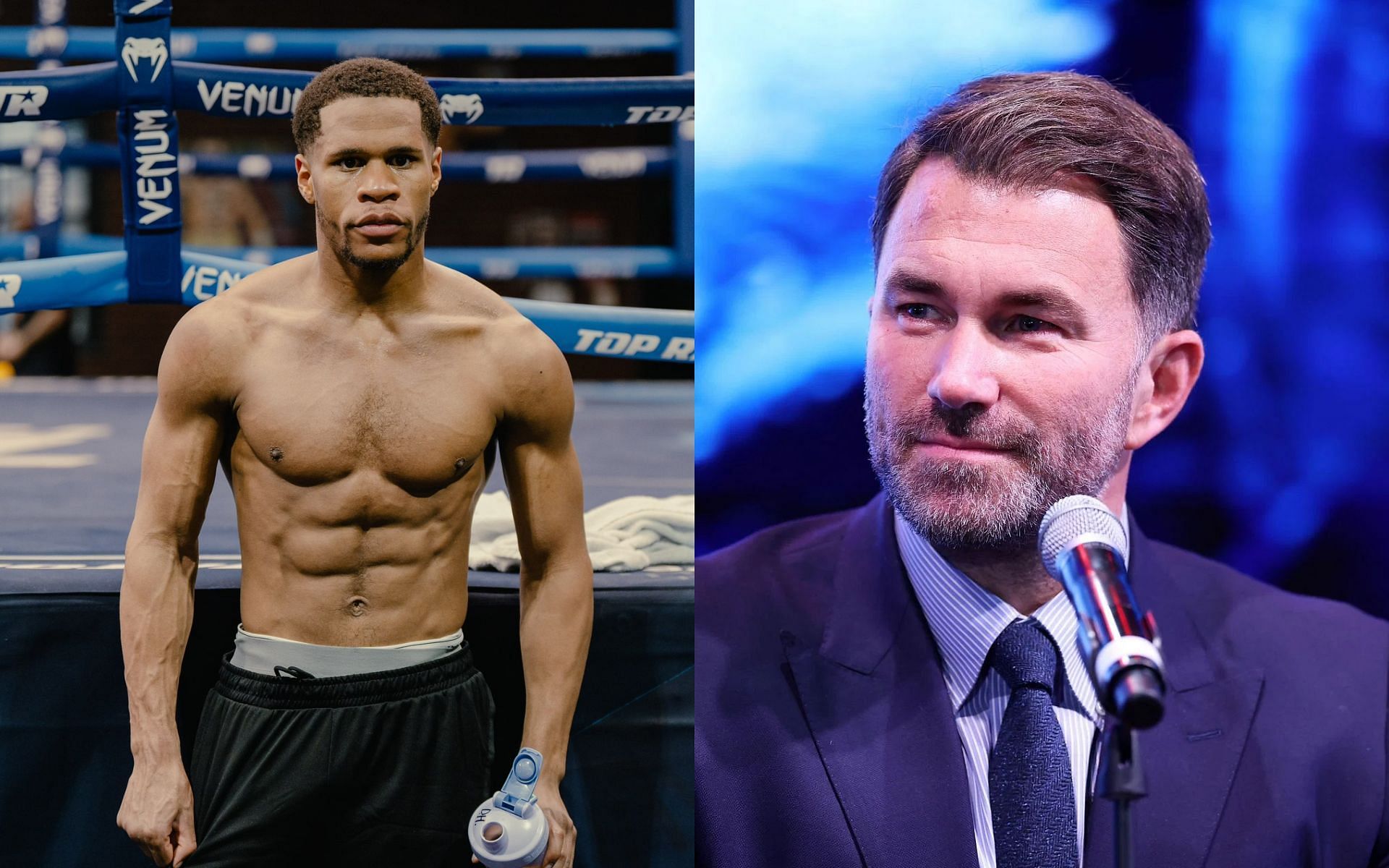 Eddie Hearn (right) fires back at Devin Haney (left) for criticizing Matchroom Boxing [Images courtesy: Getty Images and @realdevinhaney on X]
