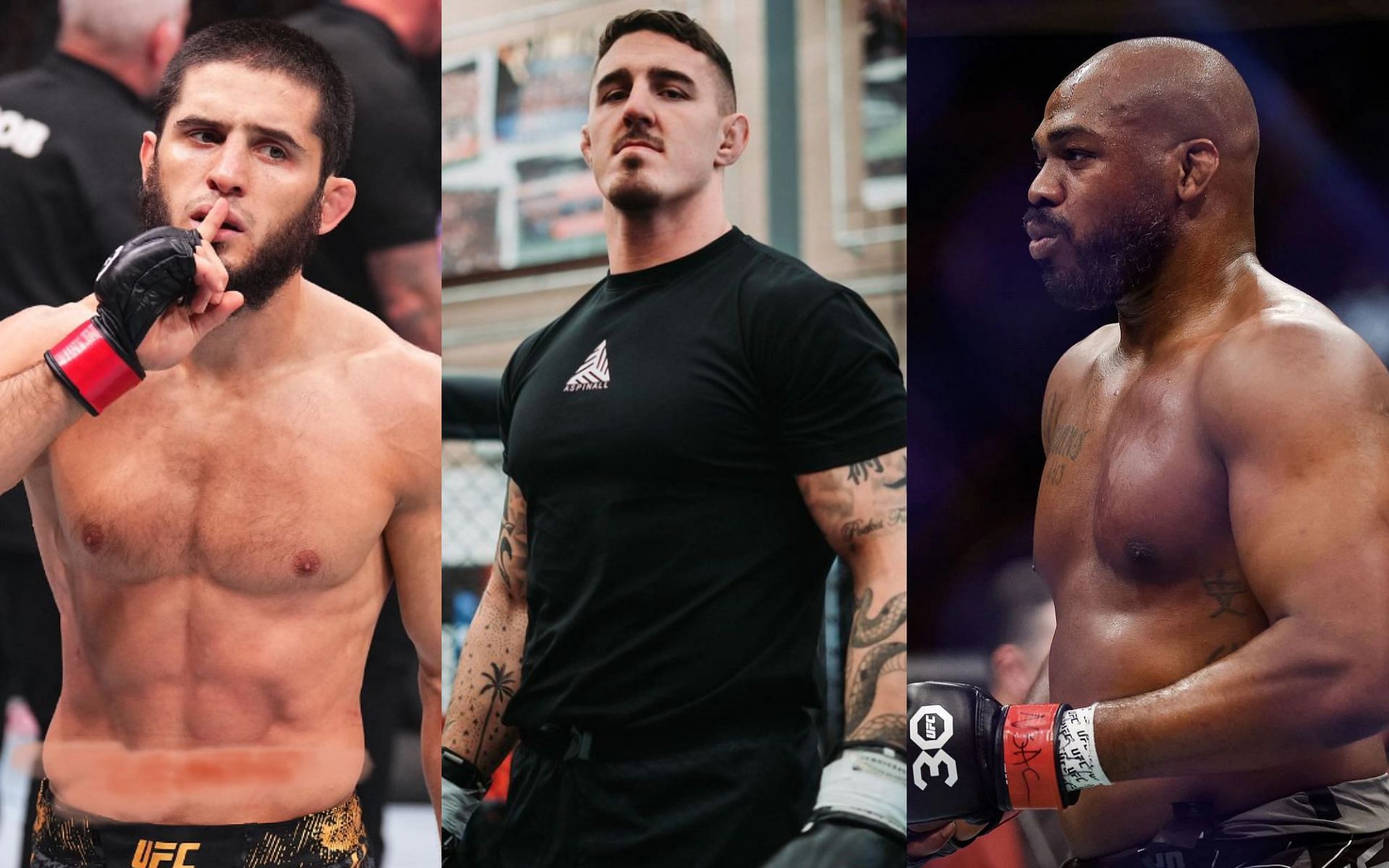 Tom Aspinall (middle) rubbishes P4P rankings as debate surrounding Islam Makhachev (left) and Jon Jones (right) rages on [Images courtesy: Getty Images, @islam_makhachev and @tomaspinallofficial on Instagram]