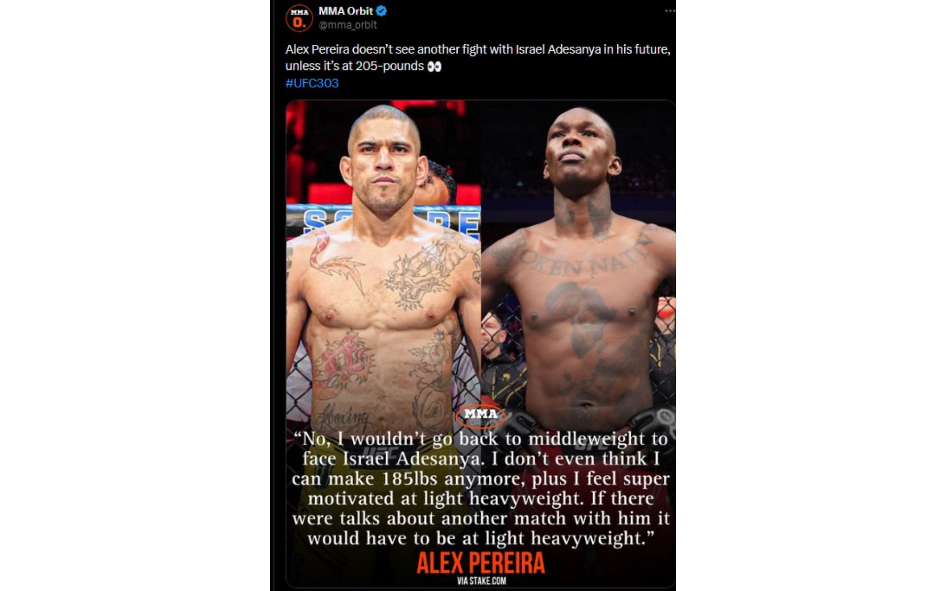 Tweet regarding Pereira&#039;s comments about a trilogy against Adesanya [Image courtesy: @mma_orbit - X]