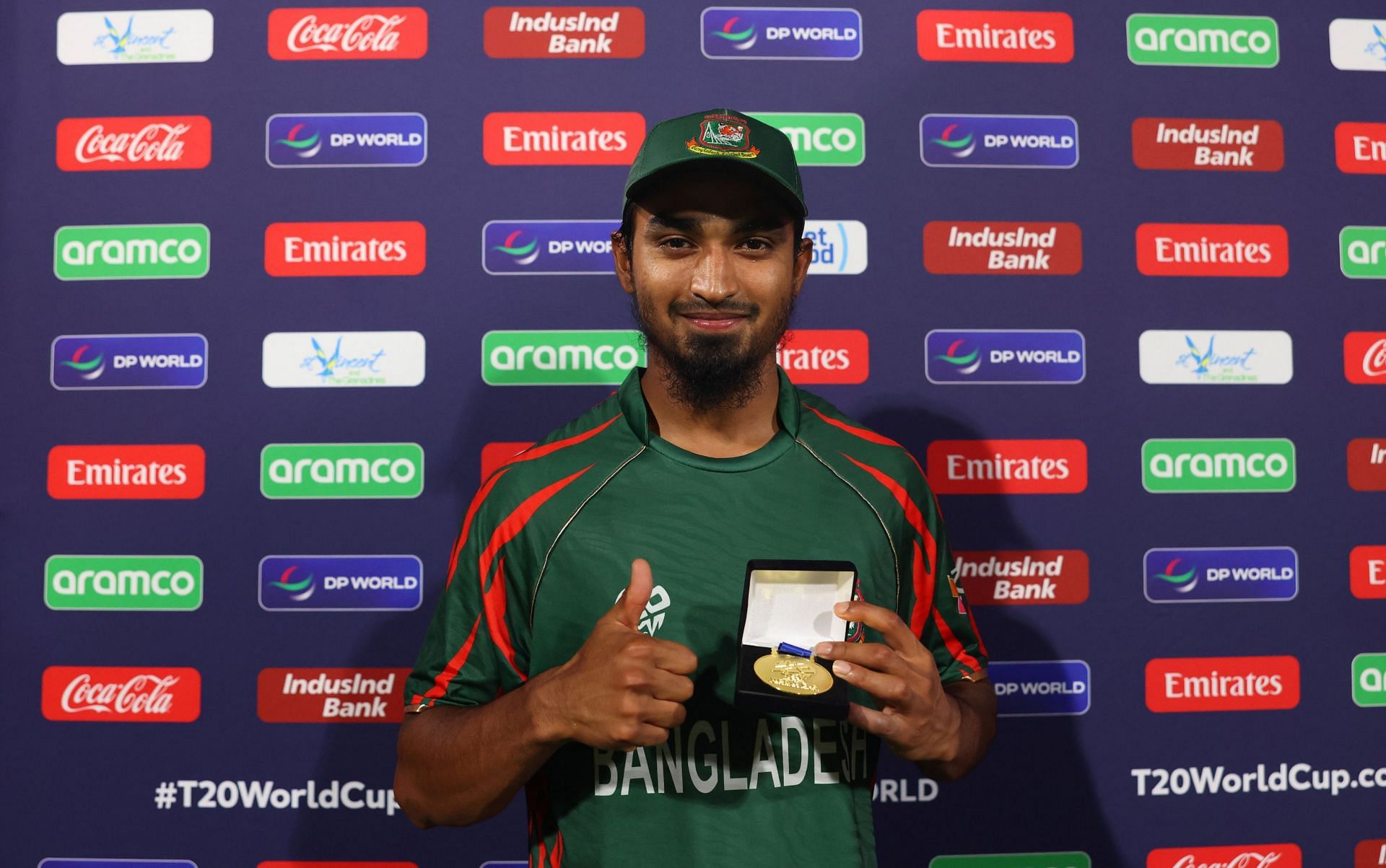 Tanzim Hasan Sakib with the Player of the Match after BAN vs NEP WC clash. (Image: BCB/X)