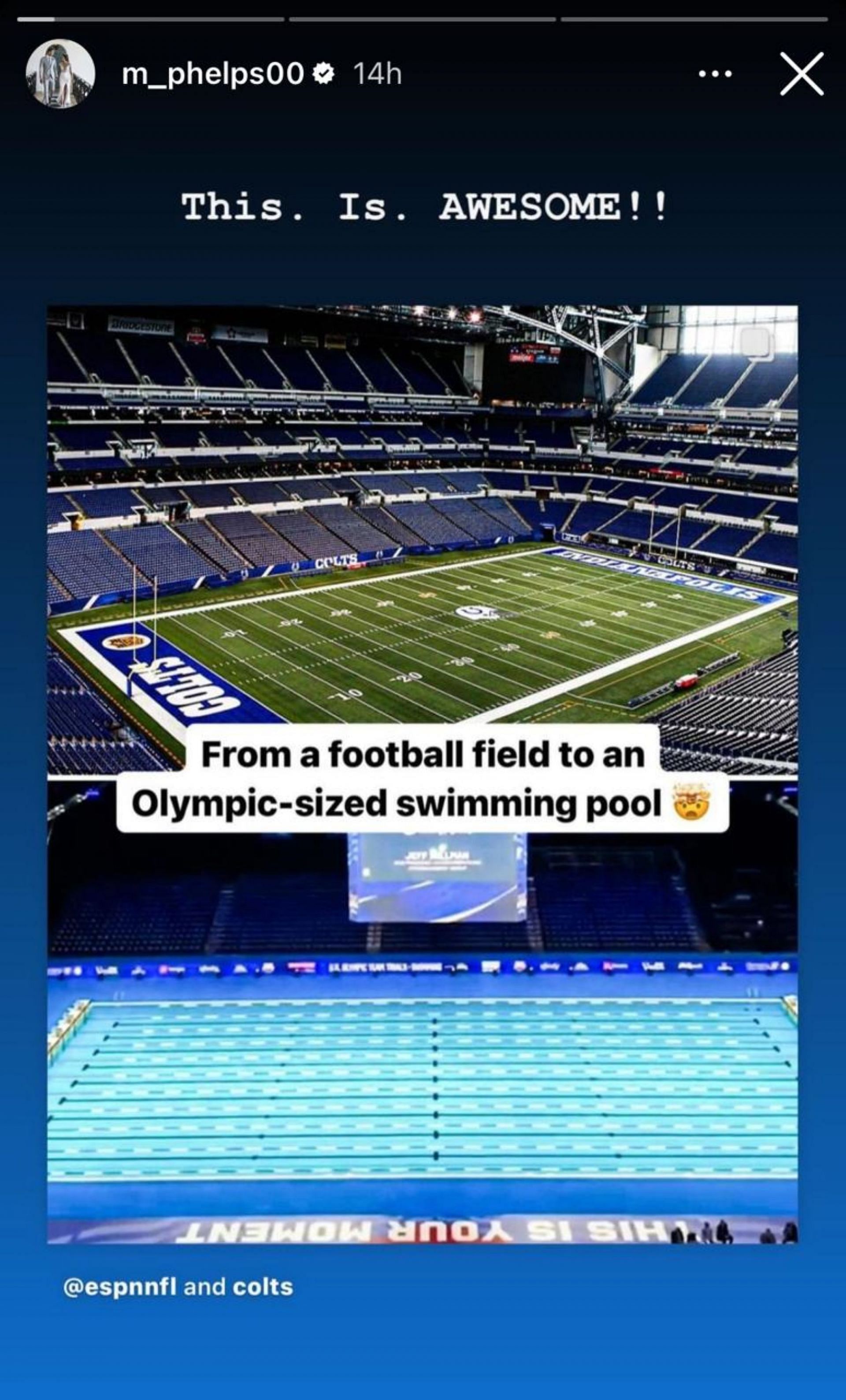 Michael Phelps&#039; reaction on Lucas Oil Stadium turned into a swimming pool; SOURCE - Phelps&#039; Instagram