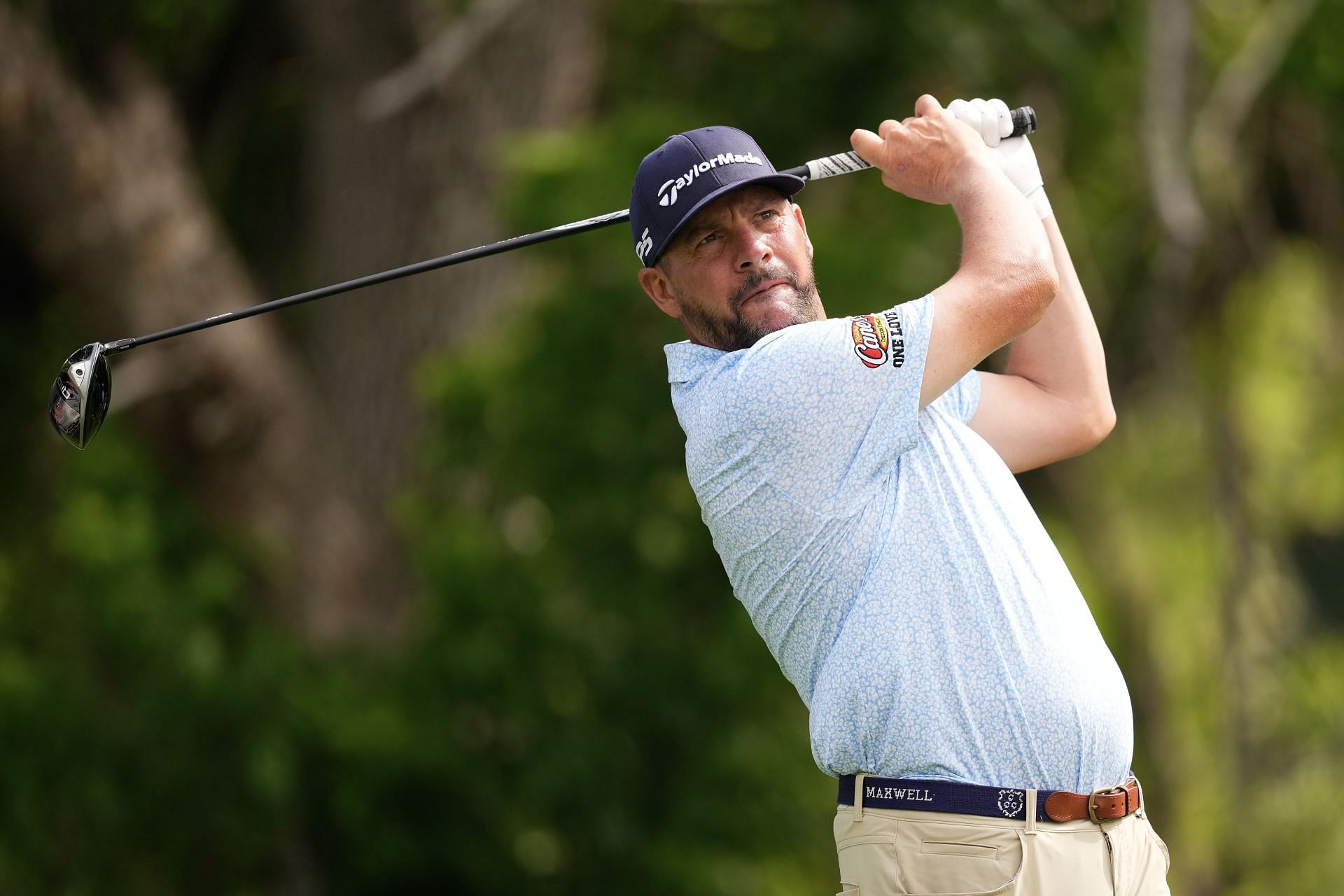 Michael Block hits a tee shot on the sixth hole during the first round of the Charles Schwab Challenge