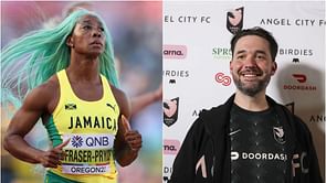 Serena Williams' husband Alexis Ohanian reacts in anticipation to Shelly-Ann Fraser-Pryce's 100m season opener ahead of the 2024 Paris Olympics