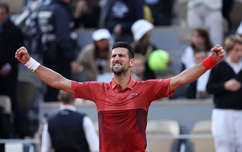 Novak Djokovic celebrates his win at the 2024 French Open.