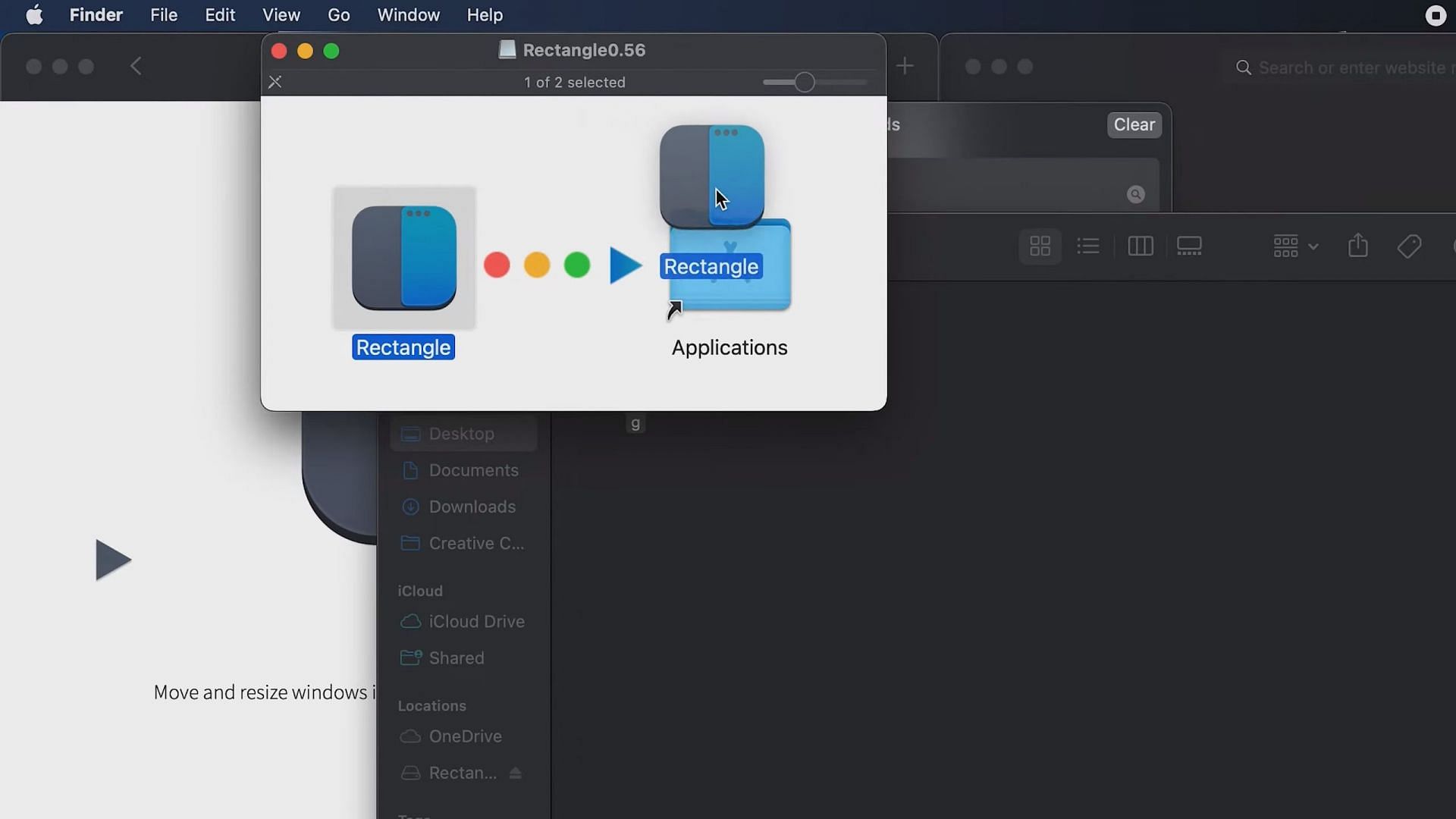 Dragging the Rectangle app icon to the Applications folder (Image via @Bog/YouTube)