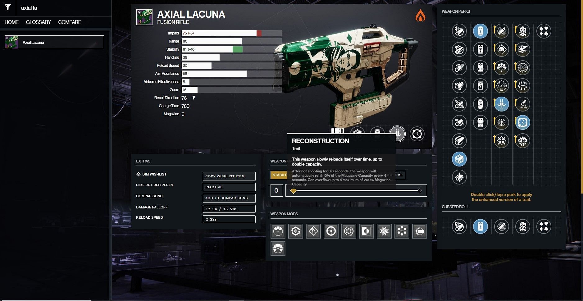 Axial Lacuna PvE god roll in Destiny 2 (Image via D2Gunsmith)