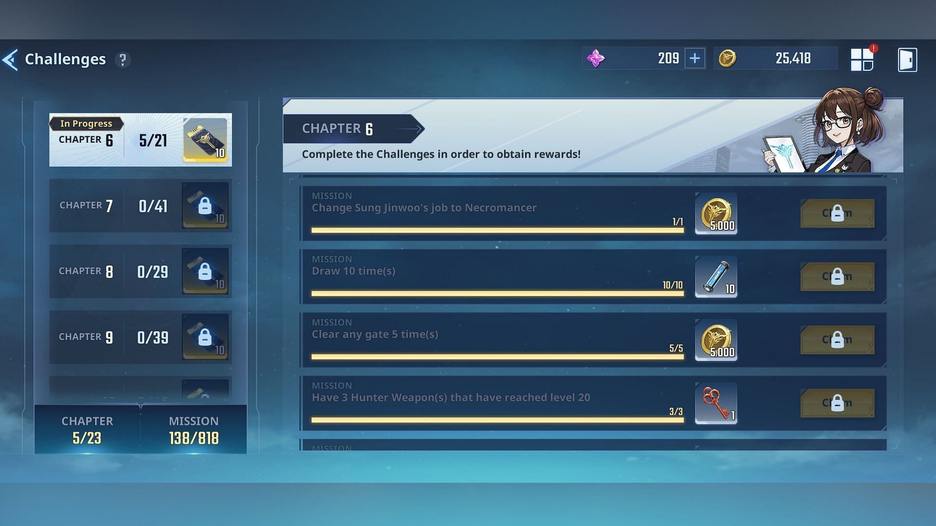 Complete various missions in each chapter of Challenges to get Weapon Enhancement Gears (Image via Netmarble)