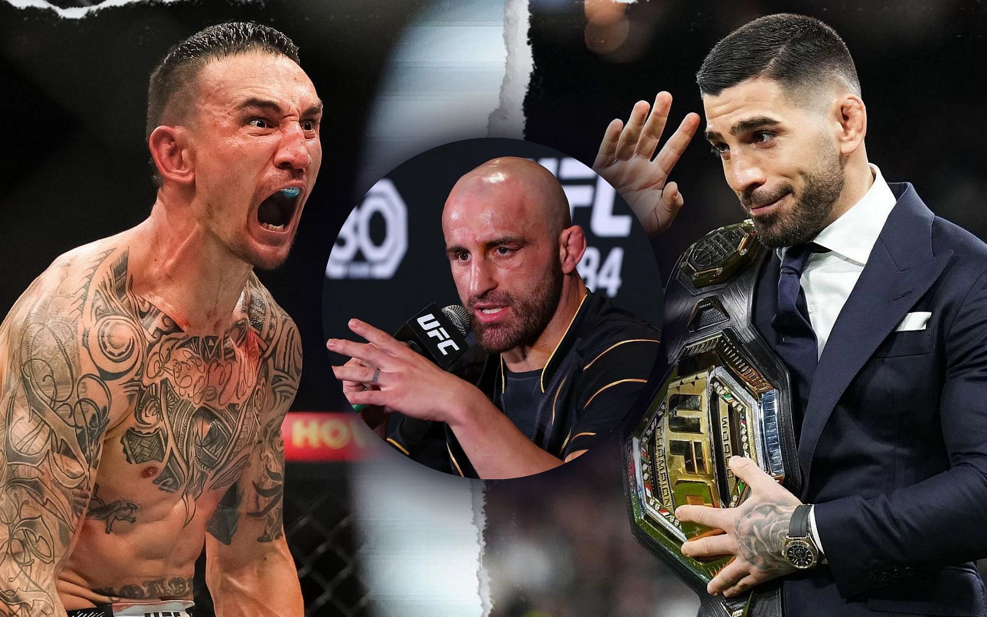 Alexander Volkanovski (inset) weighs in on a potential Max Holloway (left) vs. Ilia Topuria (right) fight. [Image courtesy: Getty Images]