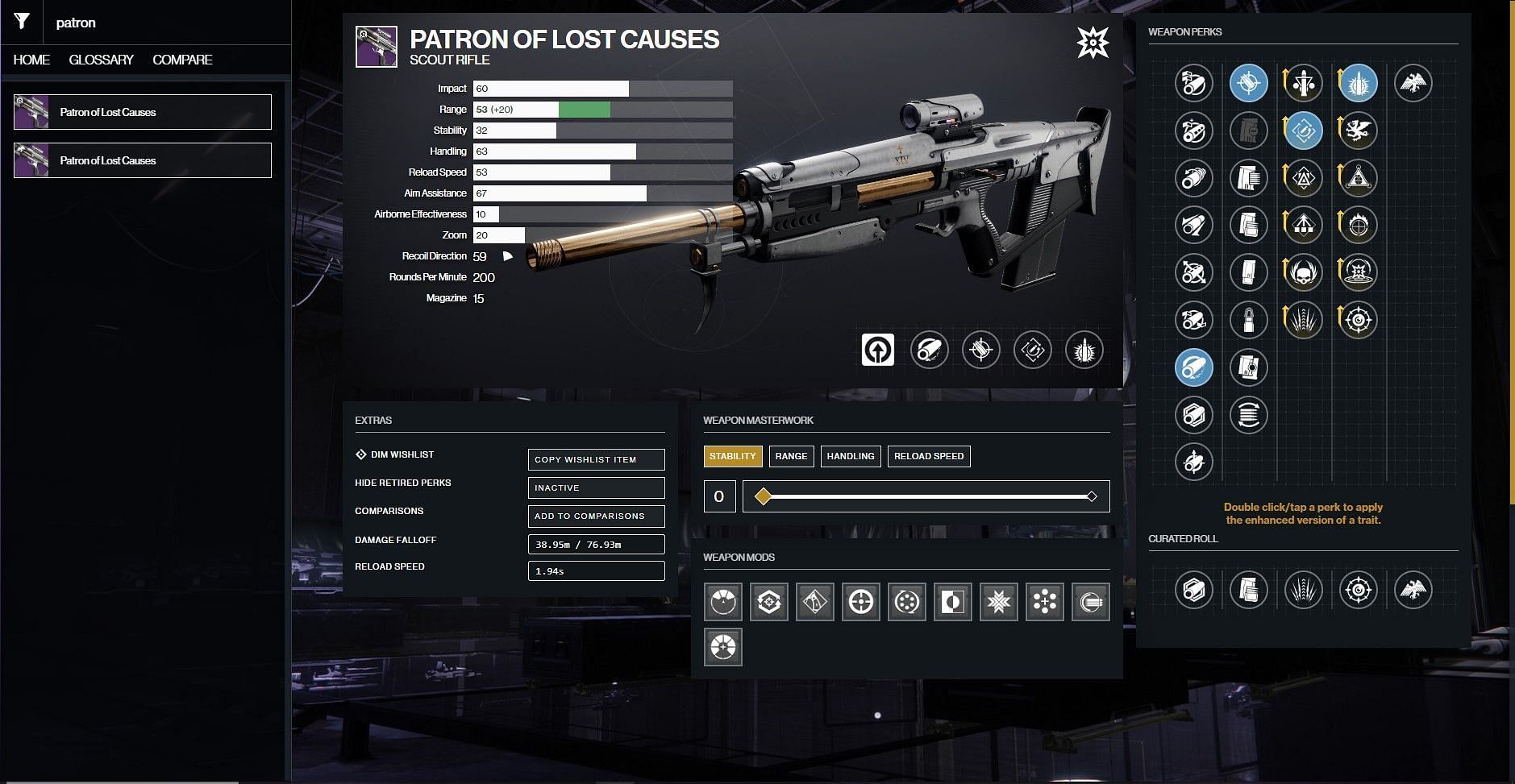 Patron of Lost Causes PvP god roll in Destiny 2 (Image via D2Gunsmith)