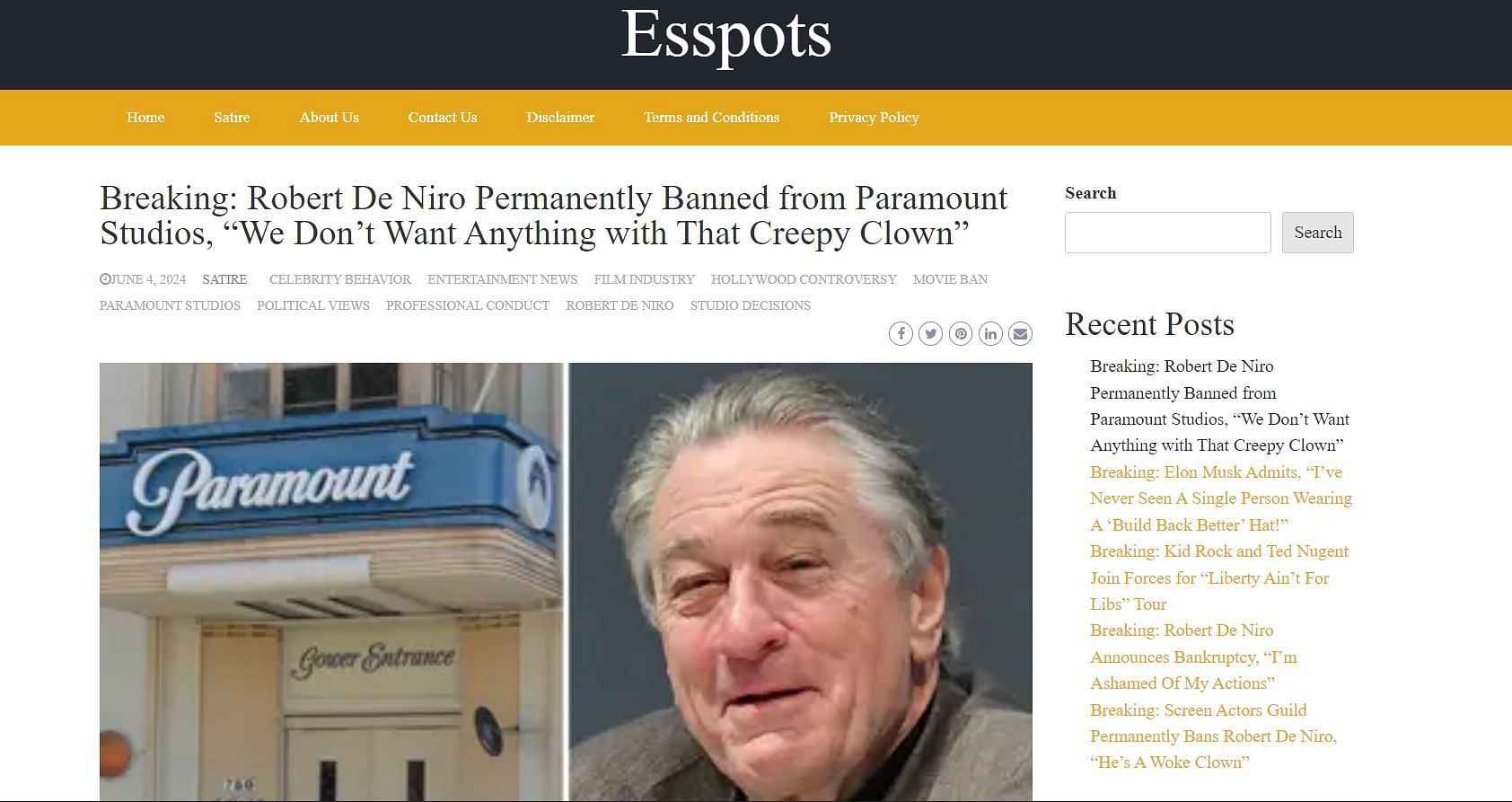 A screenshot of the satire article (Image via Esspots)