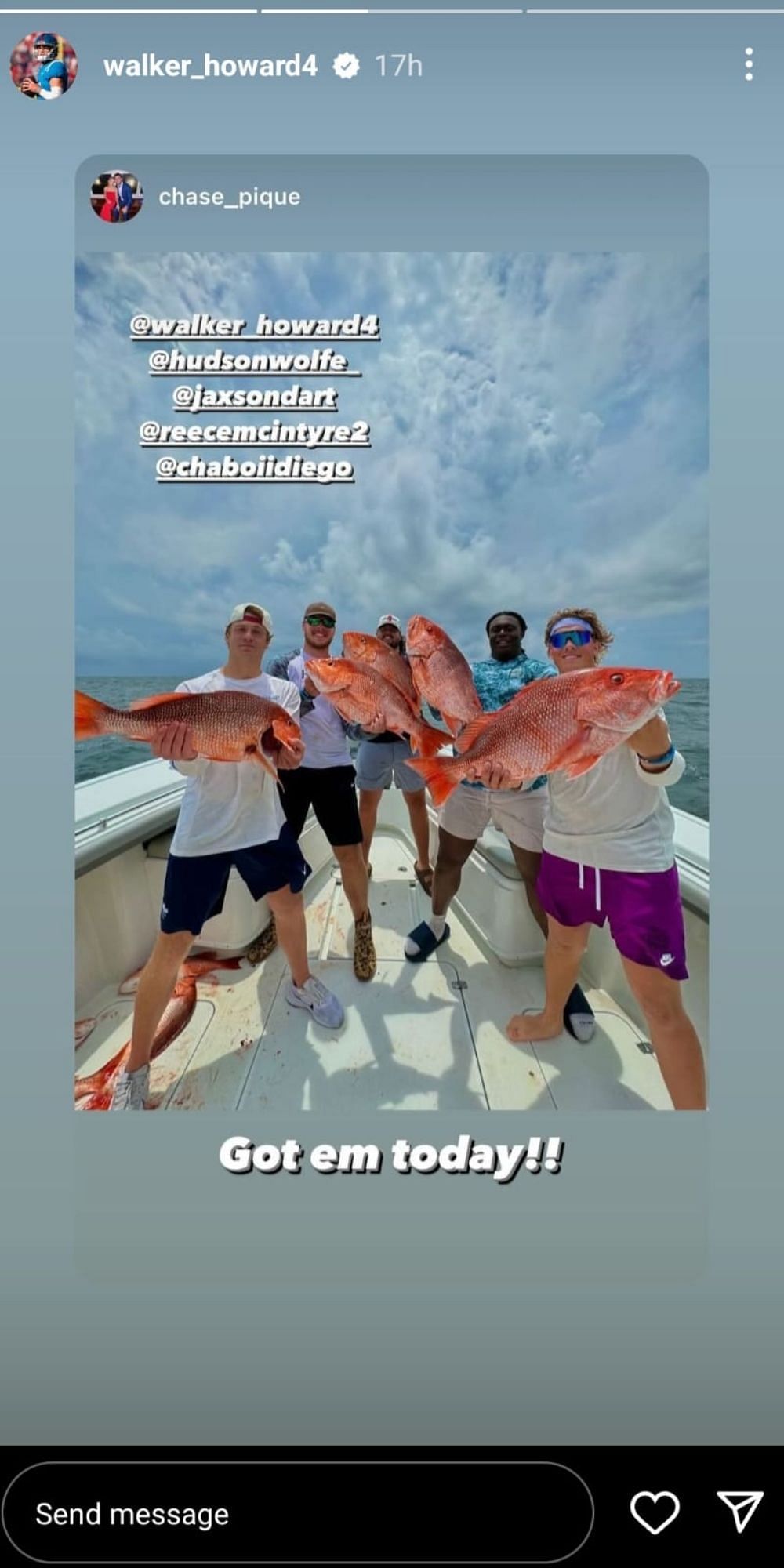 Jaxson Dart and his teammates posing with their catch. (Instagram/Walker Howard)