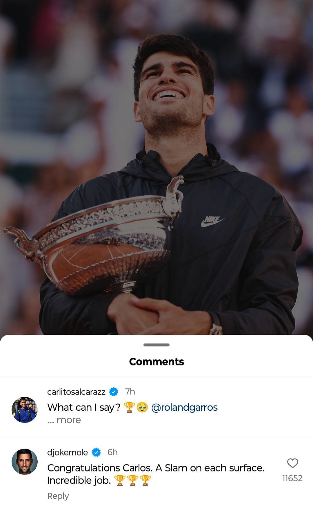 Screenshot of Novak Djocovic&#039;s comment