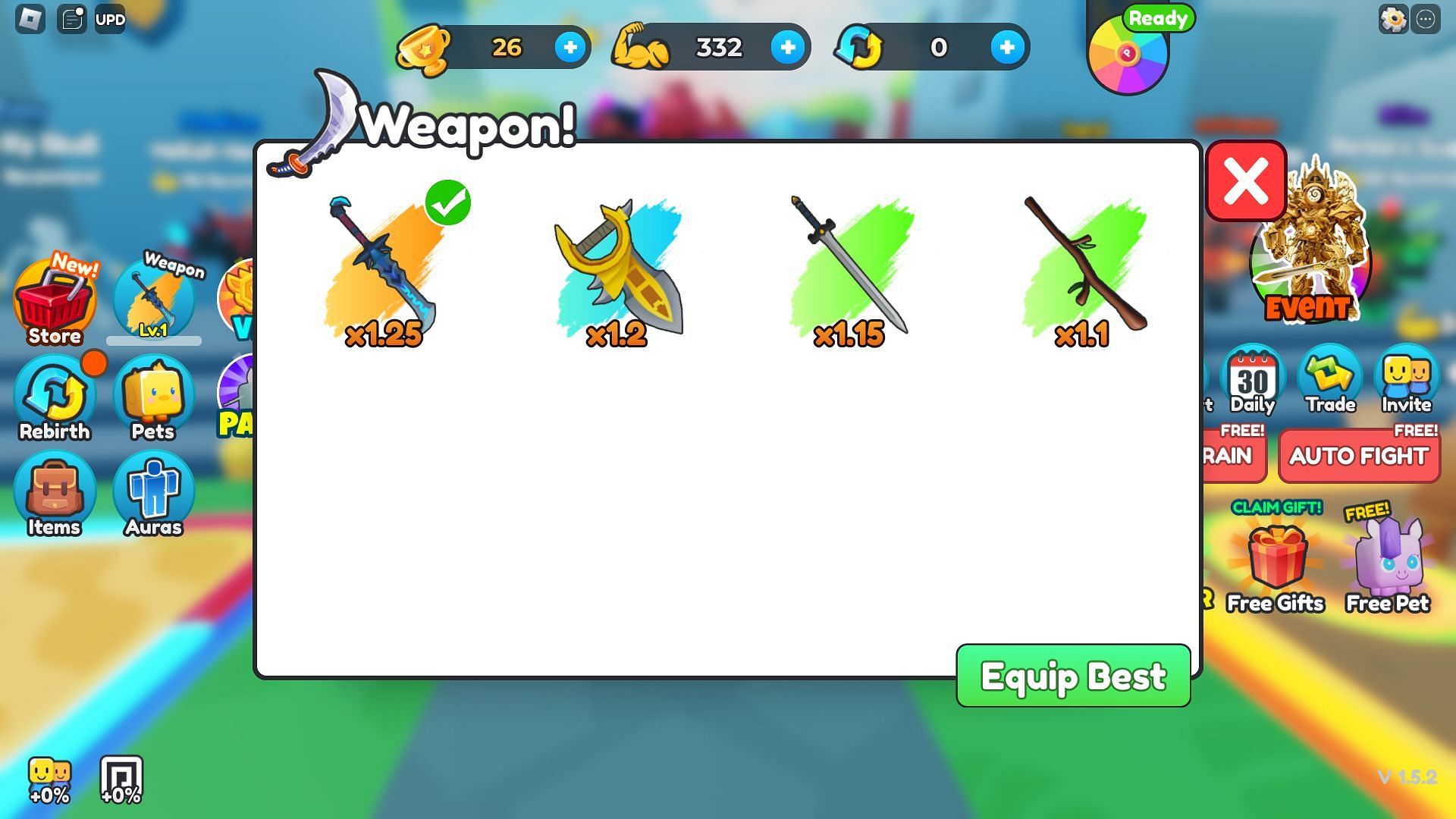 Rare weapons have higher multipliers (Image via Roblox)