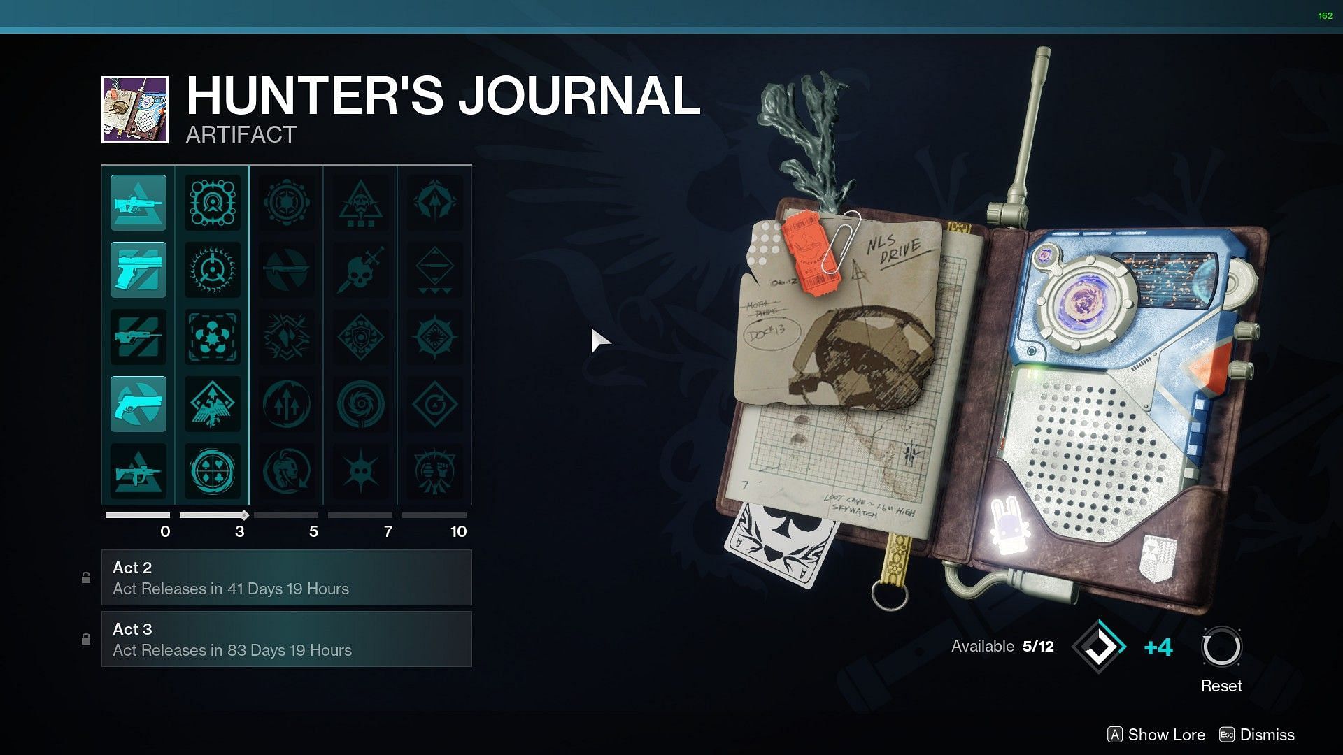 Hunter&#039;s Journal artifact in Destiny 2 (Image via Bungie)