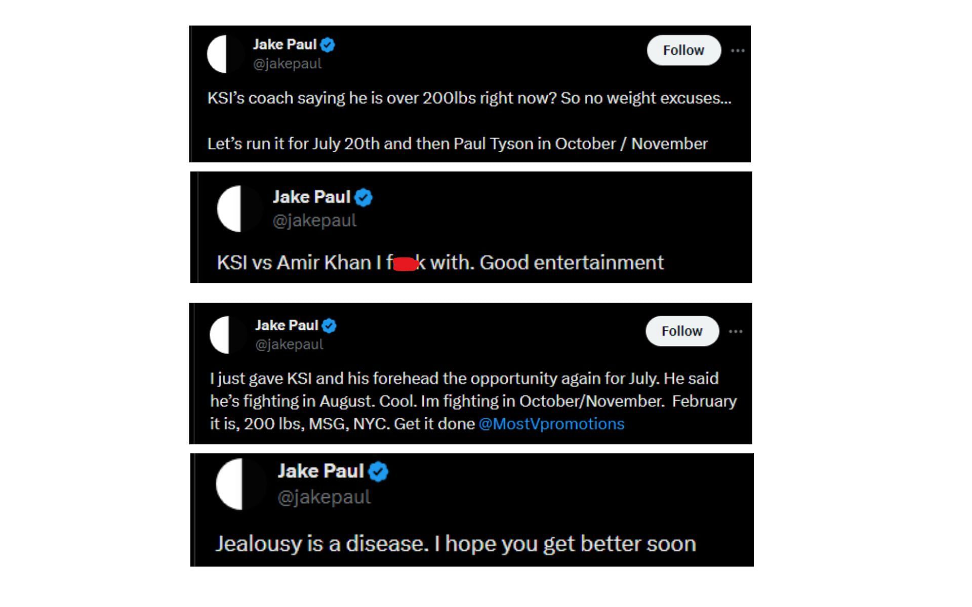 Paul&#039;s tweets regarding KSI [Image courtesy: @jakepaul - X]