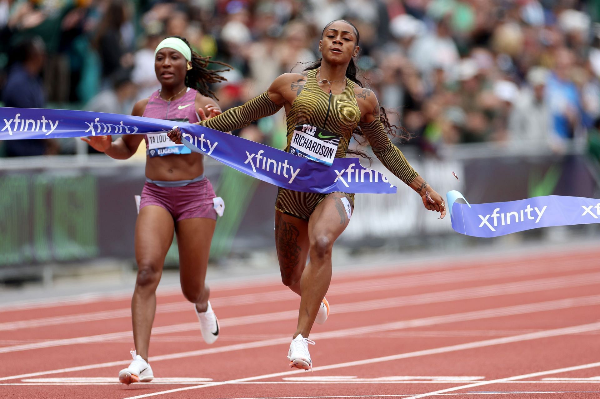 Sha&#039;Carri Richardson of Team USA wins the women&#039;s 100 meter dash during the Wanda Diamond League Prefontaine Classic at Hayward Field on May 25, 2024 in Eugene, Oregon. (Photo by Steph Chambers/Getty Images)