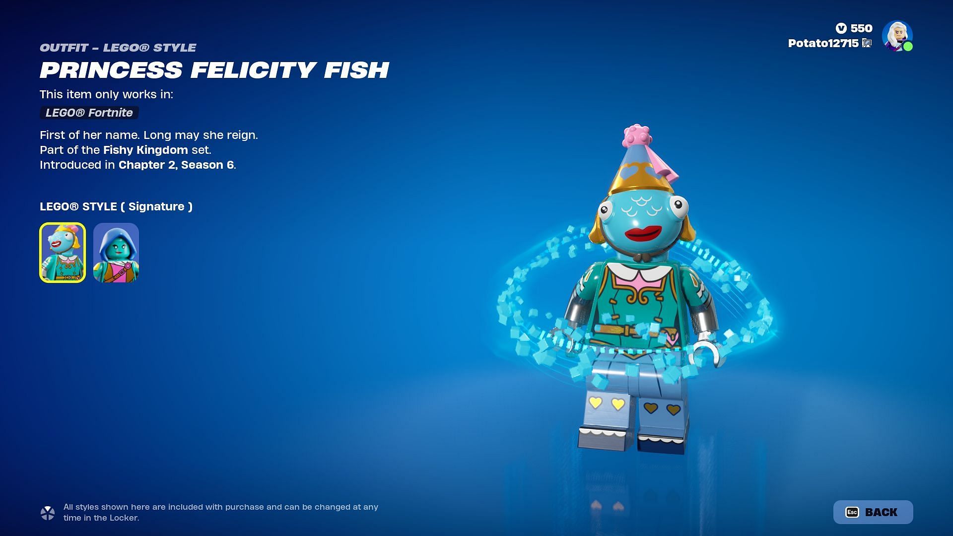 The Princess Felicity Fish skin in Fortnite can be purchased individually (Image via Epic Games)