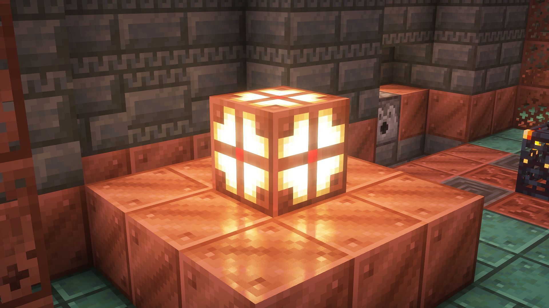 A copper bulb&#039;s light reflecting off the copper blocks below (Image via Mojang)