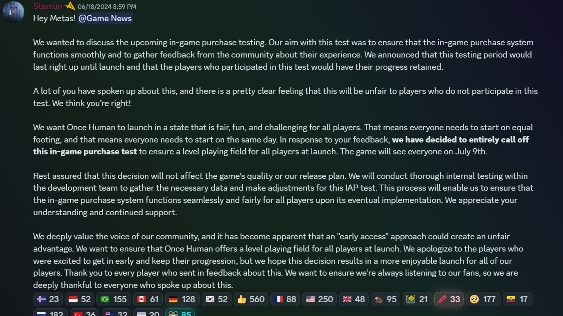 The official message from the Discord concerning the beta (Image via Starry Studio)