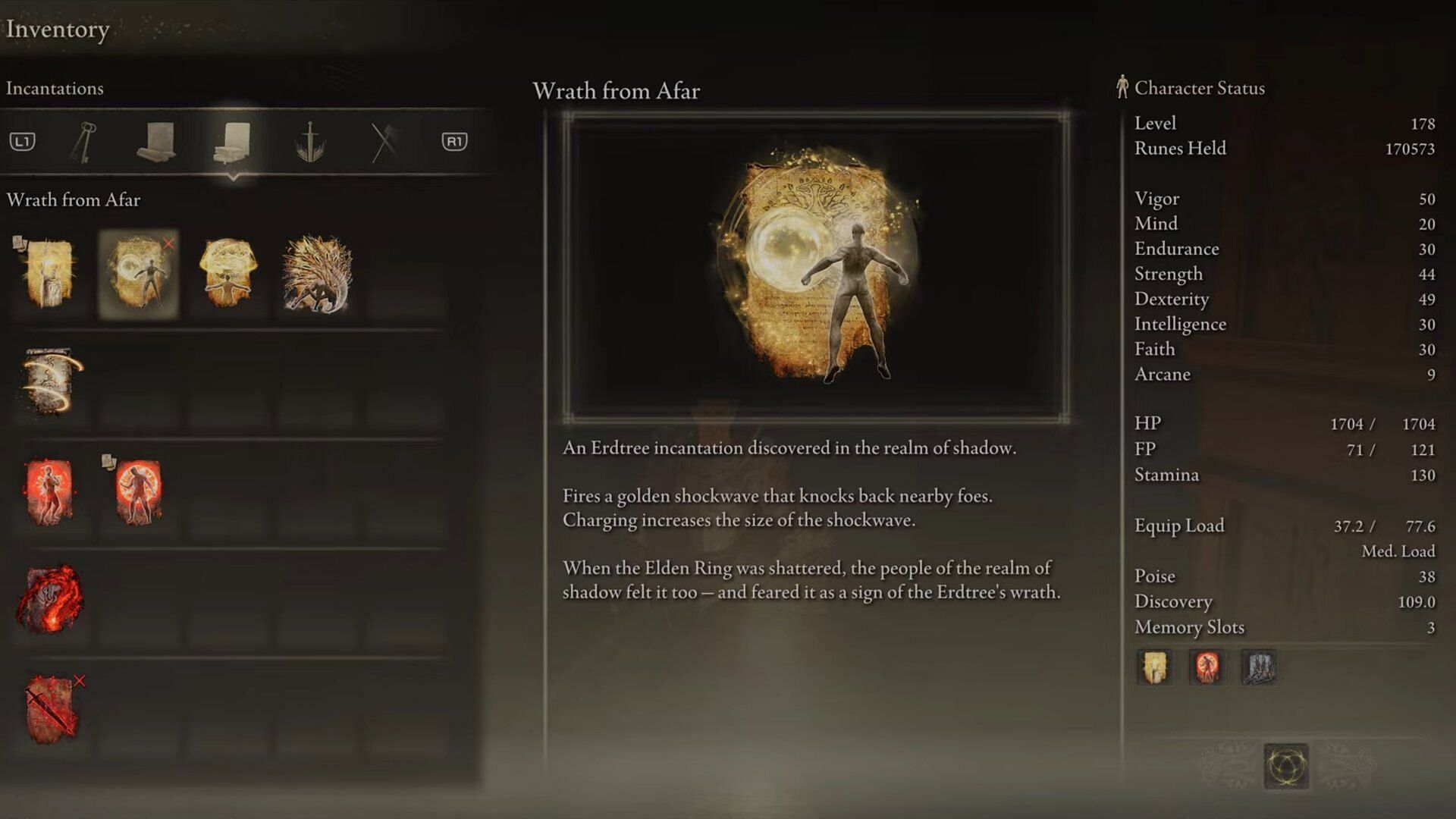 Wrath from Afar in the inventory (Image via FromSoftware || Gamer Guru on YouTube)