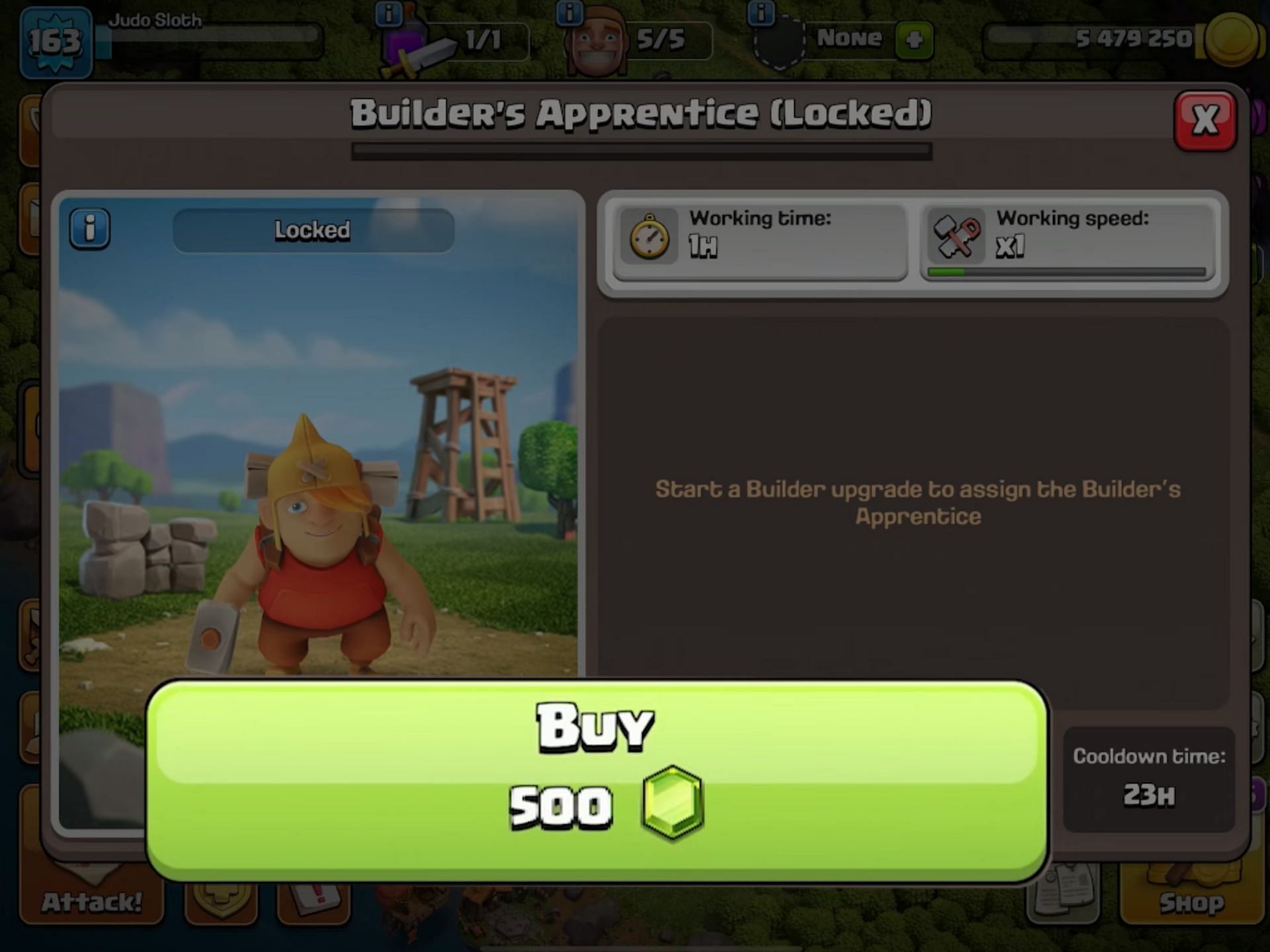 Cost of Builder&#039;s Apprentice (Image via Supercell || Judo Sloth Gaming/YouTube)