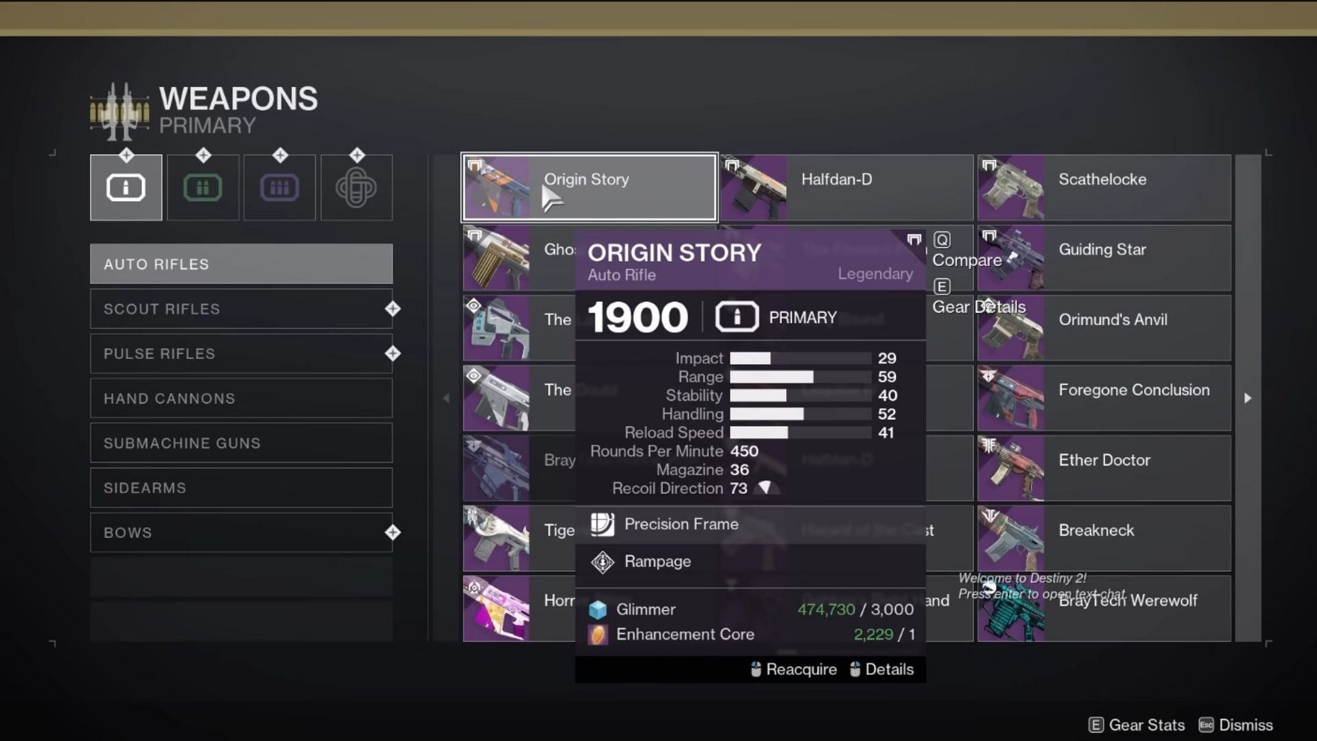 The weakest gear is power level 1900, but it won&#039;t take much to grow beyond that (Image via Bungie)