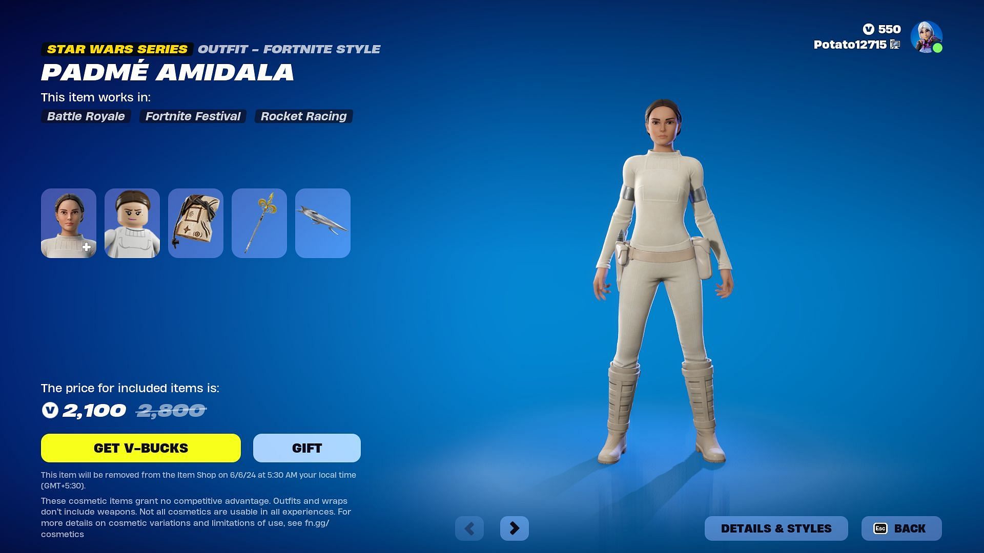 Padm&eacute; Amidala skin in Fortnite can be purchased separately (Image via Epic Games)