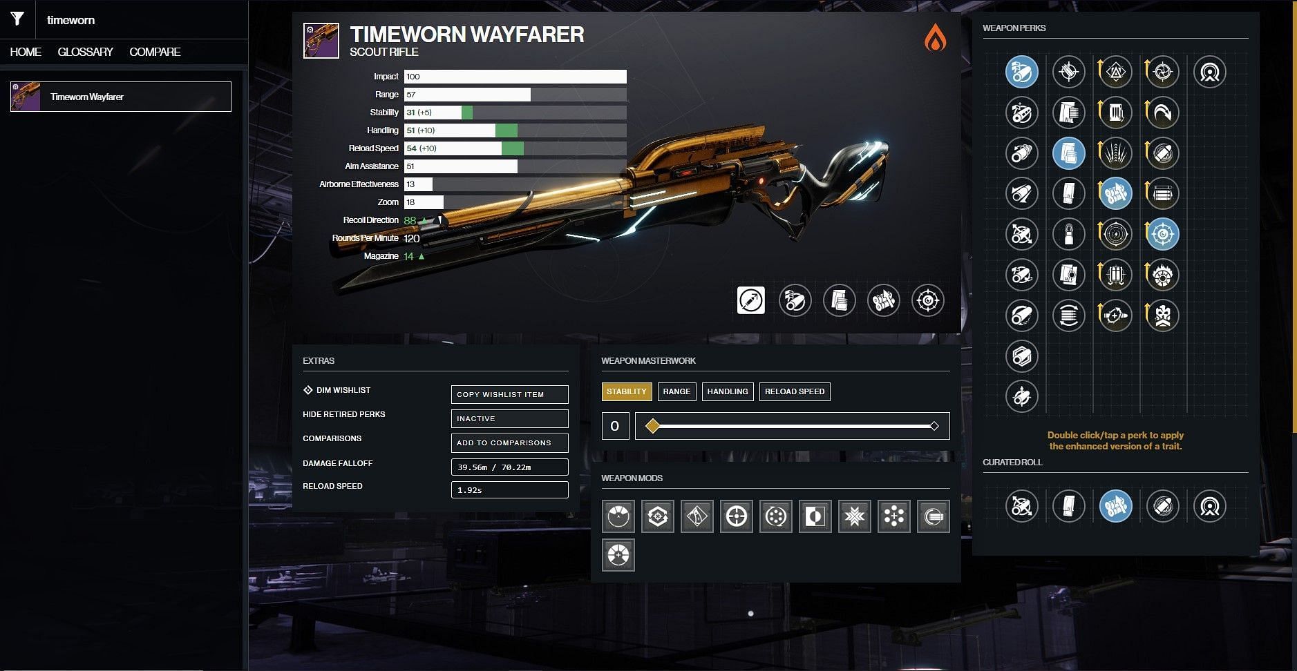 Timeworn Wayfarer god roll guide for boss DPS (Image via D2Gunsmith)