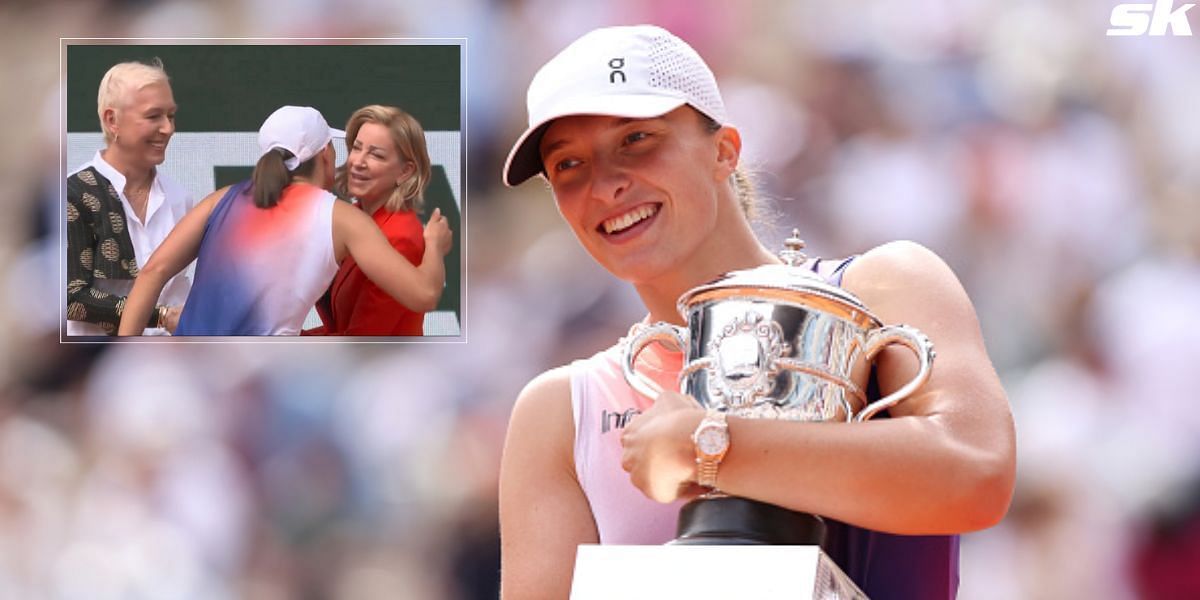 Iga Swiatek with the 2024 French Open trophy and Swiatek embracing Chris Evert &amp; Martina Navratilova at trophy presentation [Source: Getty Images ; Roland Garros/X]