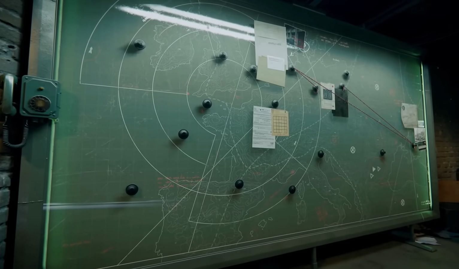 A still from the Evidence Board in BO6 Safe House with 16 pins indicating 16 Campaign missions (Image via Activision)