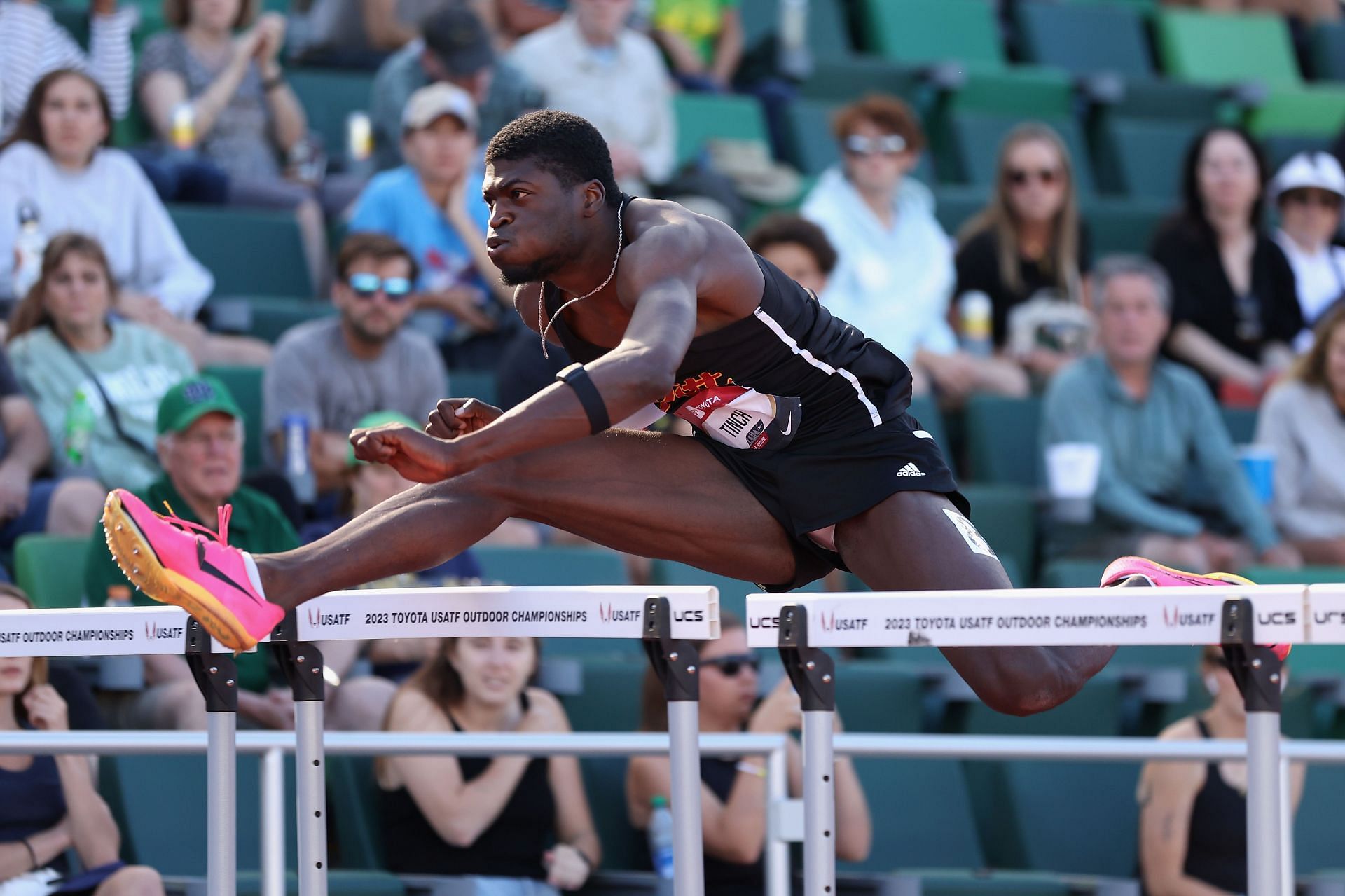 Cordell Tinch competes in the Men&#039;s 110m Hurdles during the 2023 USATF Outdoor Championships at Hayward Field on July 08, 2023 in Eugene, Oregon. (Photo by Christian Petersen/Getty Images)