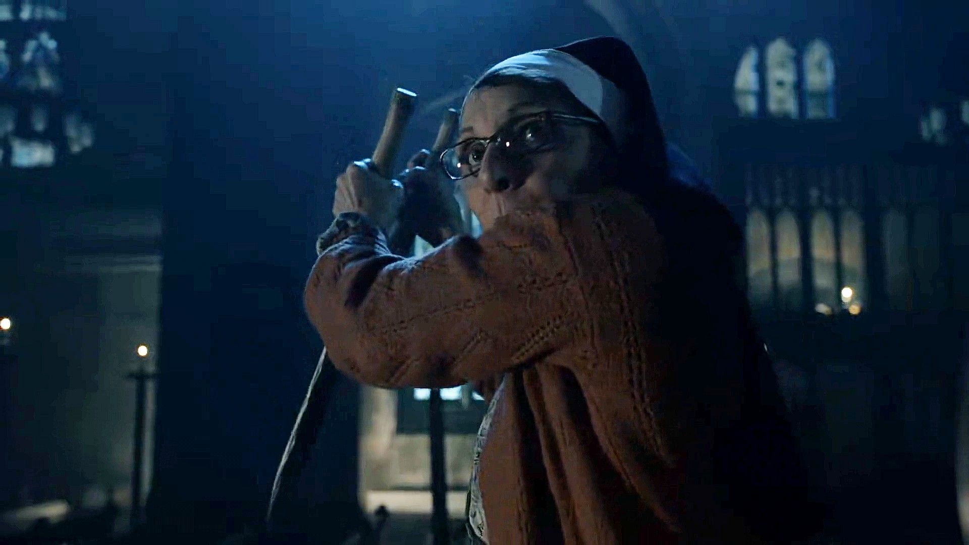 Sister Andrea trying to kill a demon, as seen in Evil season 4 episode 4 (Image via Paramount+)