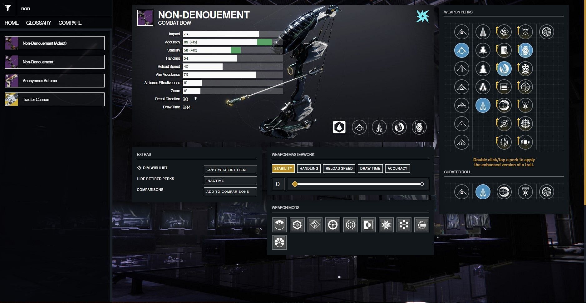 Non-Denouement god roll guide for Destiny 2 PvP (Image via D2Gunsmith)