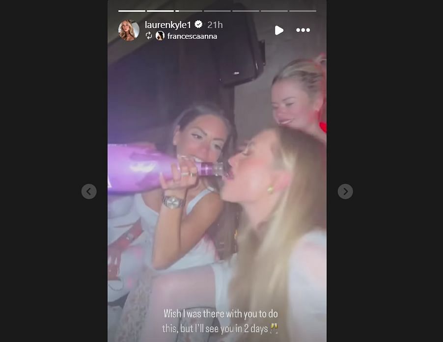 Lauren Kyle&#039;s Instagram story, in which she can be seen chugging champagne