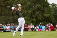 Collin Morikawa plays his shot from the fifth tee during the second round of the Travelers Championship