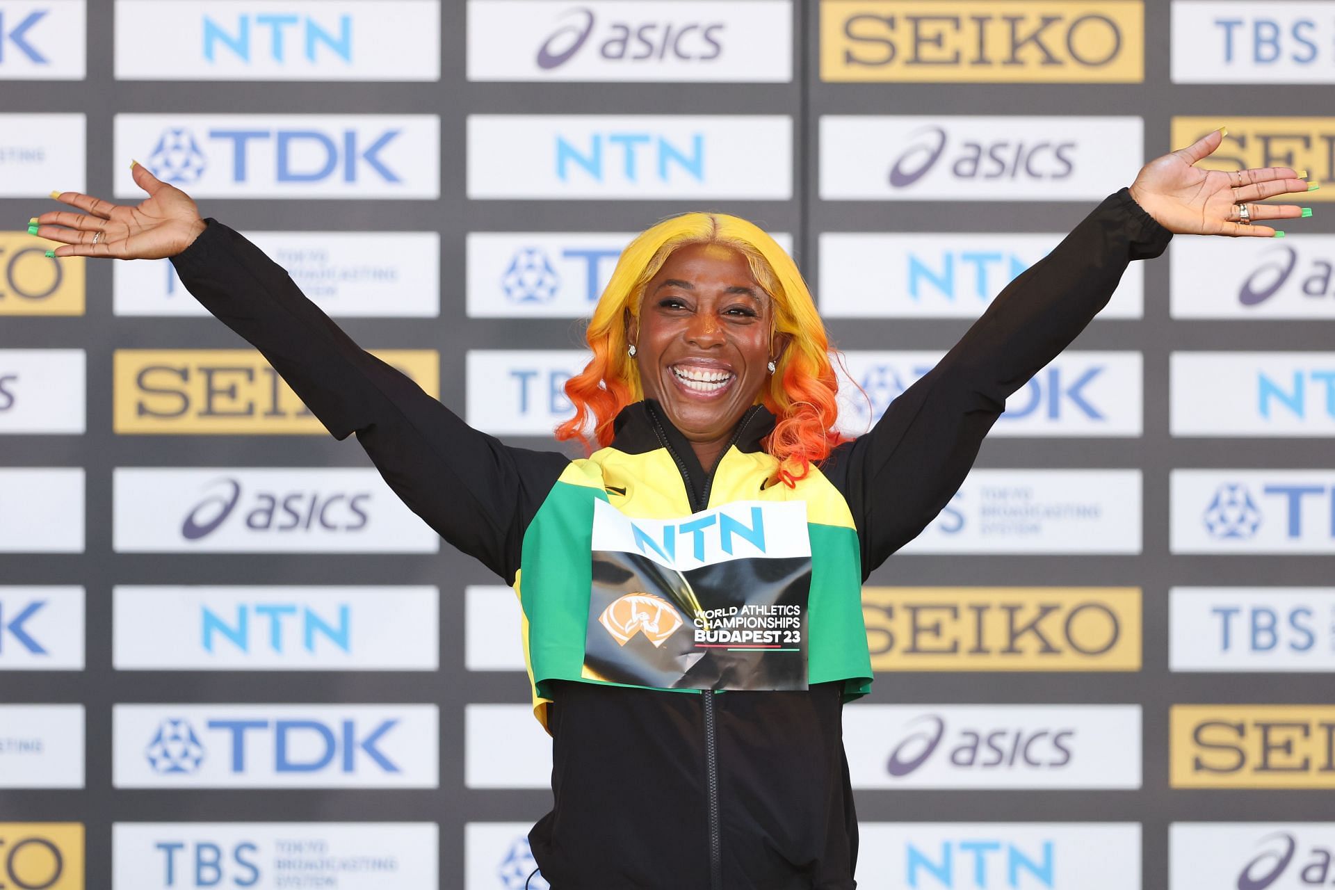 Shelly-Ann Fraser-Pryce at the World Athletics Championships Budapest 2023. (Photo by Christian Petersen/Getty Images for World Athletics)