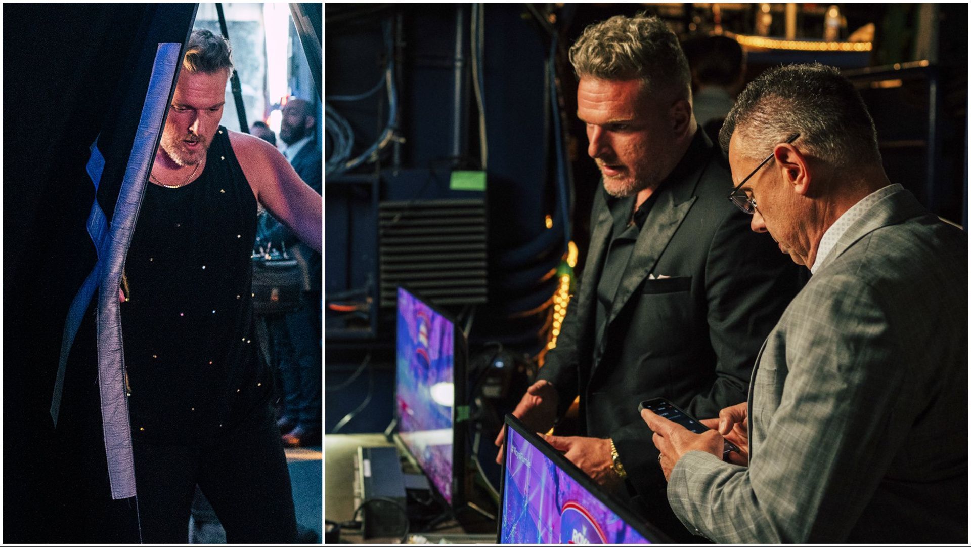 Pat McAfee backstage at WrestleMania 39, McAfee and Michael Cole at Royal Rumble 2024