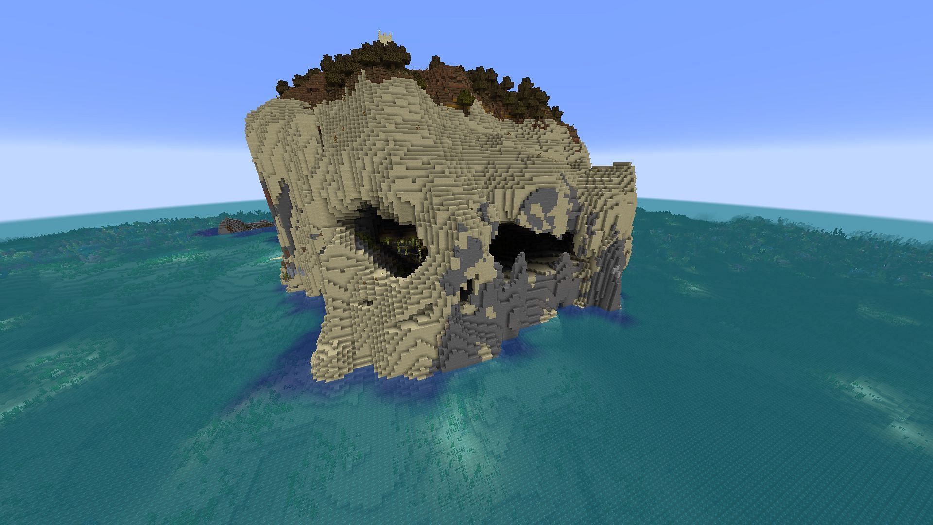 A skull-like edifice can be found on this Minecraft seed's spawn island (Image via u/DPS3/Reddit)