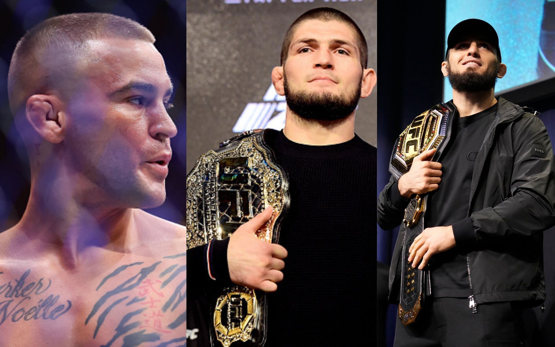 Dustin Poirier (left) reflects on title losses to Khabib Nurmagomedov (center) and Islam Makhachev (right) [Image credits: Getty Images, @MAKHACHEVMMA/X]]