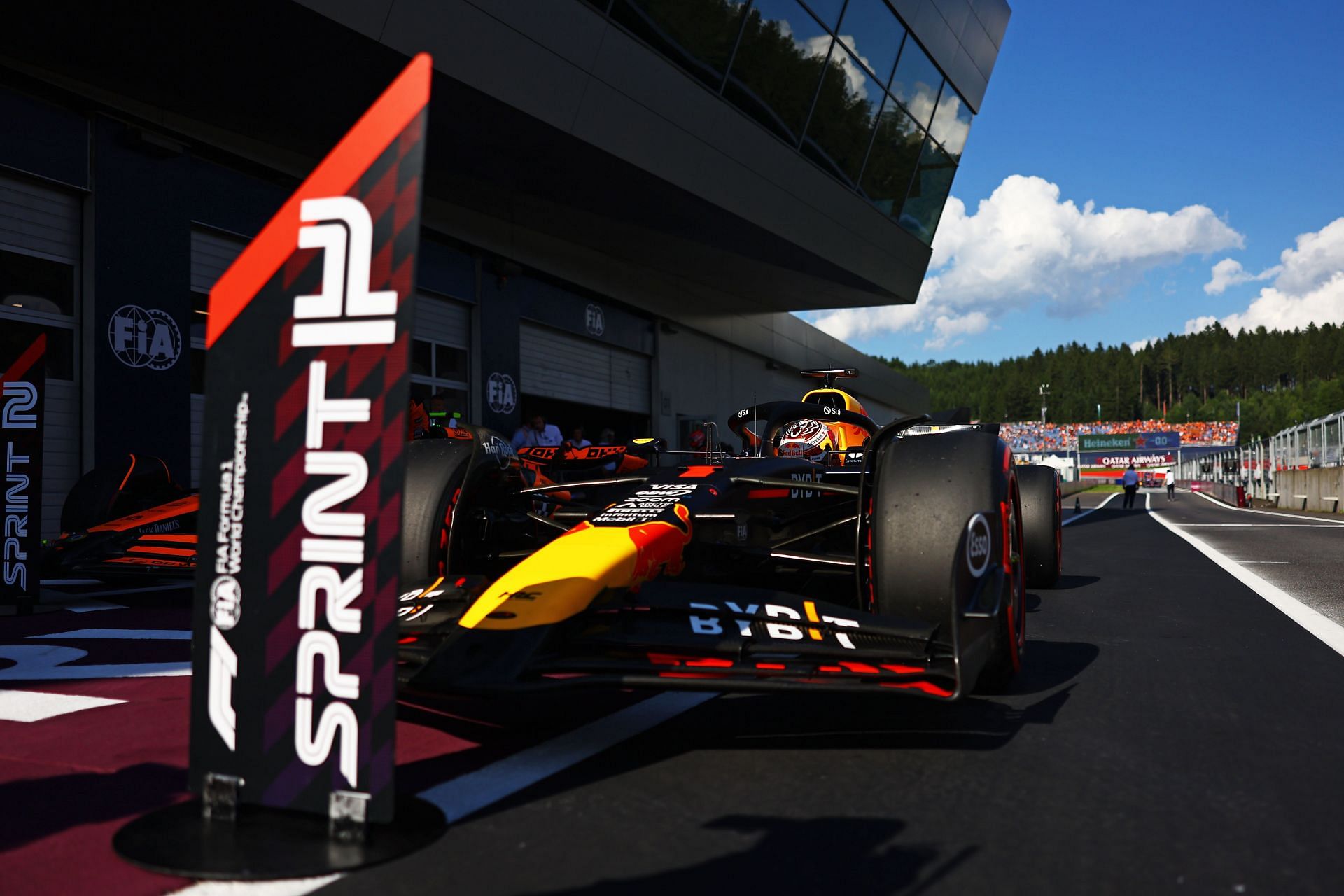 Pole position qualifier Max Verstappen of the Netherlands driving the (1) Oracle Red Bull Racing RB20 stops in parc ferme during Sprint Qualifying ahead of the F1 Grand Prix of Austria at Red Bull Ring on June 28, 2024 in Spielberg, Austria. (Photo by Mark Thompson/Getty Images)