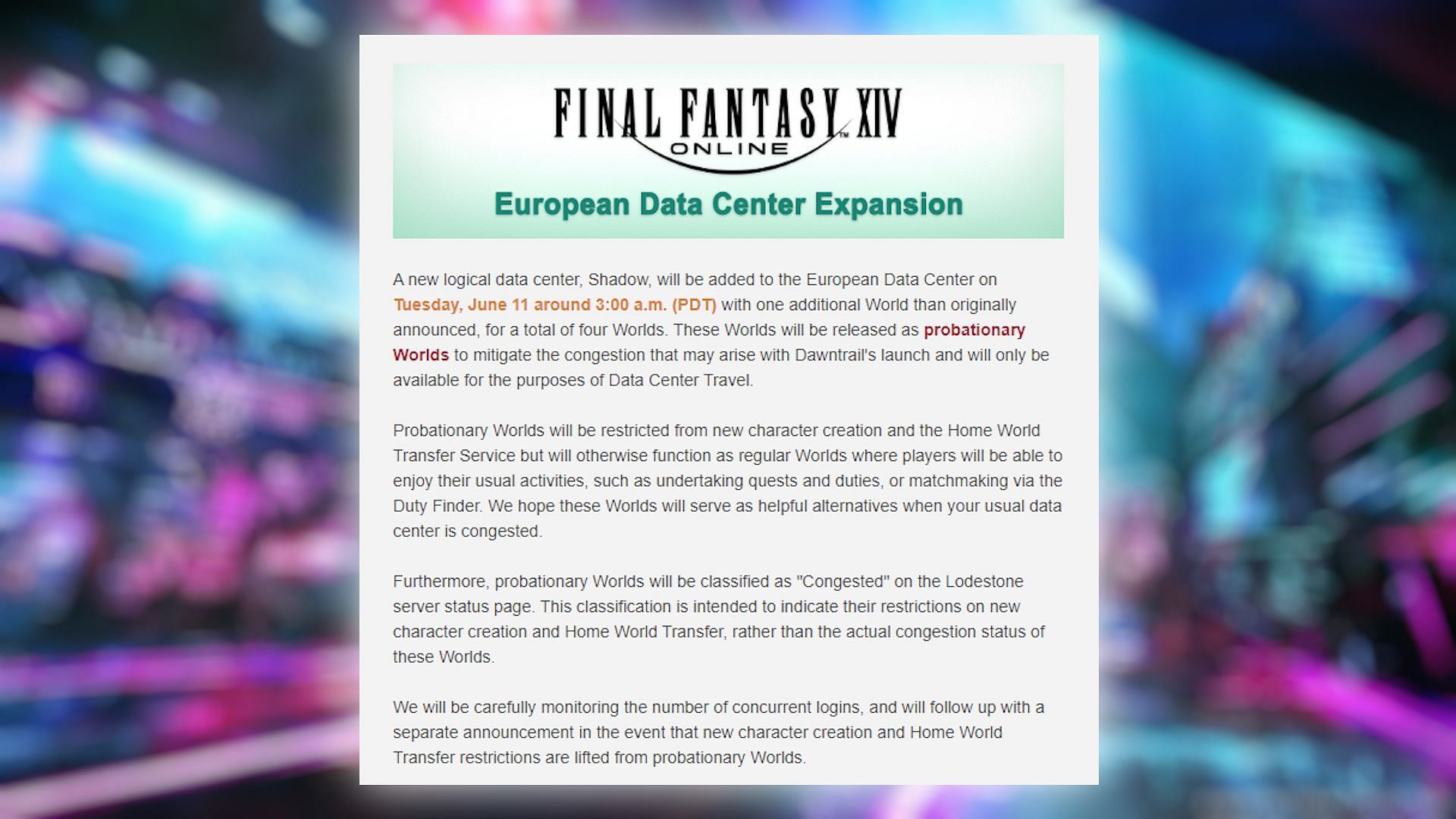 The Final Fantasy 14 devs announced the addition of the new Probationary Data Center on Lodestone (Image via Square Enix)