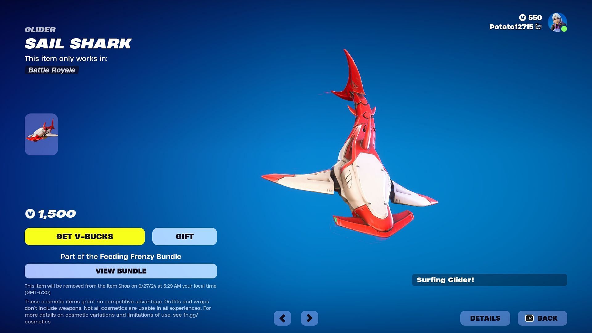 Sail Shark (Glider) is a very unique piece of cosmetic (Image via Epic Games)