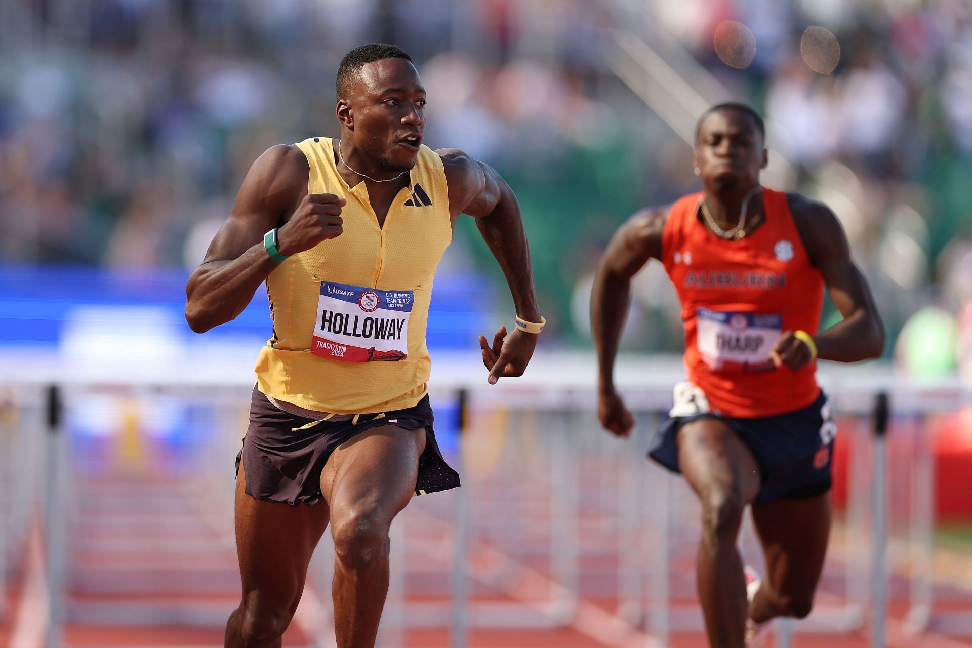 Grant Holloway competes in the first round of the men&#039;s 110 meter hurdles at the 2024 U.S. Olympic Team Track &amp; Field Trials at Hayward Field in Eugene, Oregon. (Photo: Getty Images)