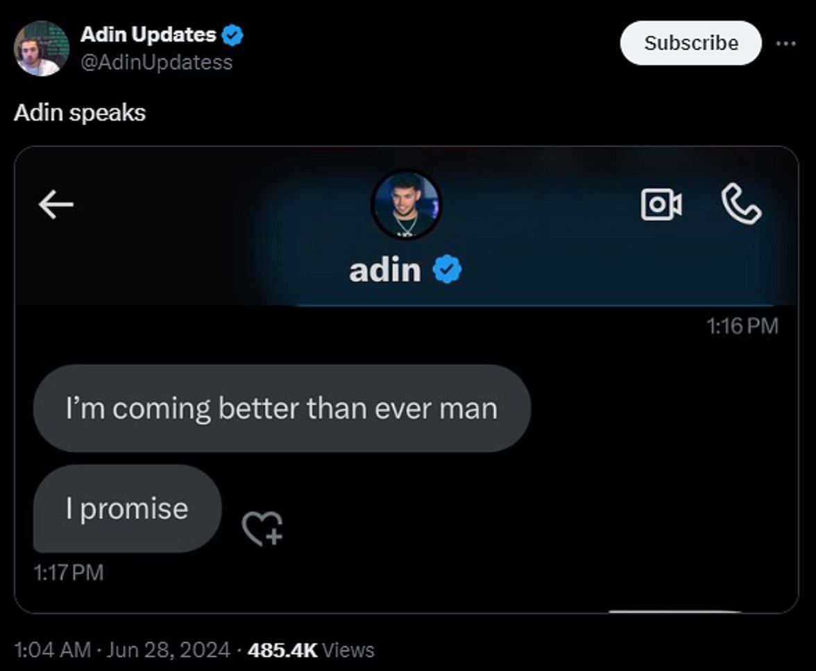 Adin Ross speaks on his potential comeback (Image via X)