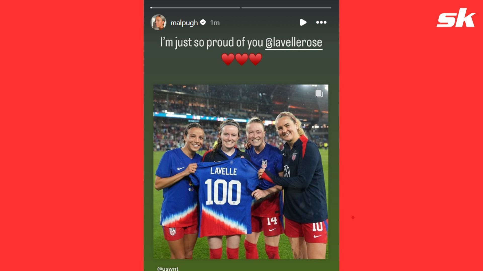 Mallory Swanson (Pugh) took to Instagram to recognize teammate Rose Lavelle&#039;s 100th international cap / Instagram/malpugh