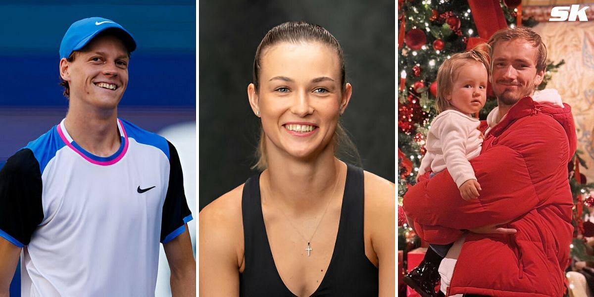 (Left to Right) Jannik Sinner, Anna Kalinskaya, Daniil Medvedev and daughter Alisa