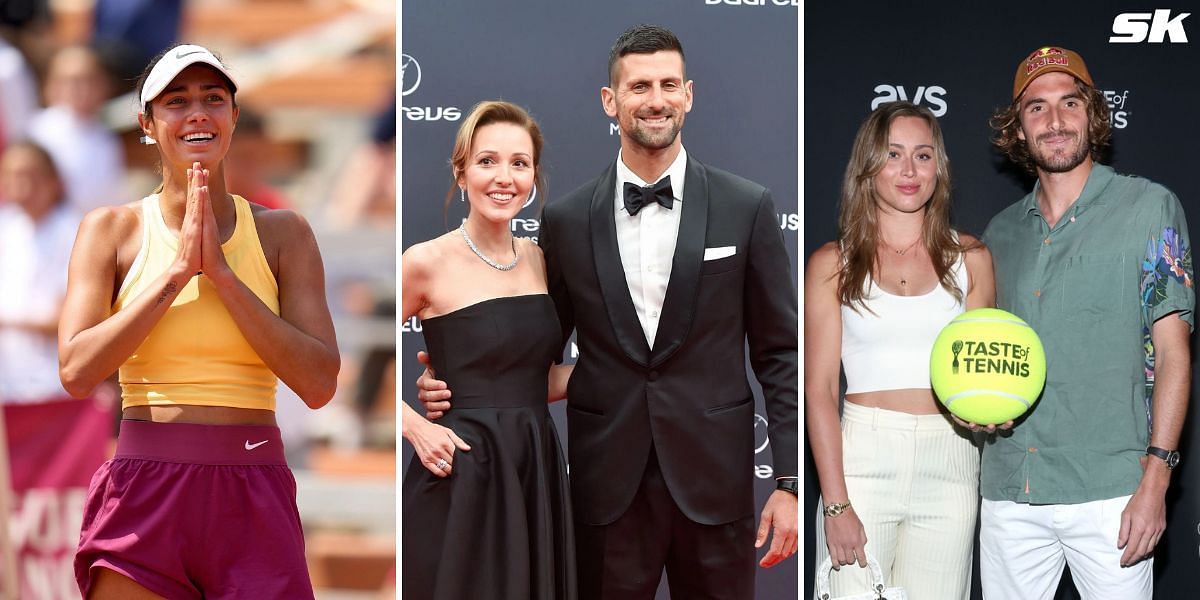 (Left to Right) Olga Danilovic, Novak Djokovic and wife Jelena, Paula Badosa, Stefanos Tsitsipas (Source: Getty Images)