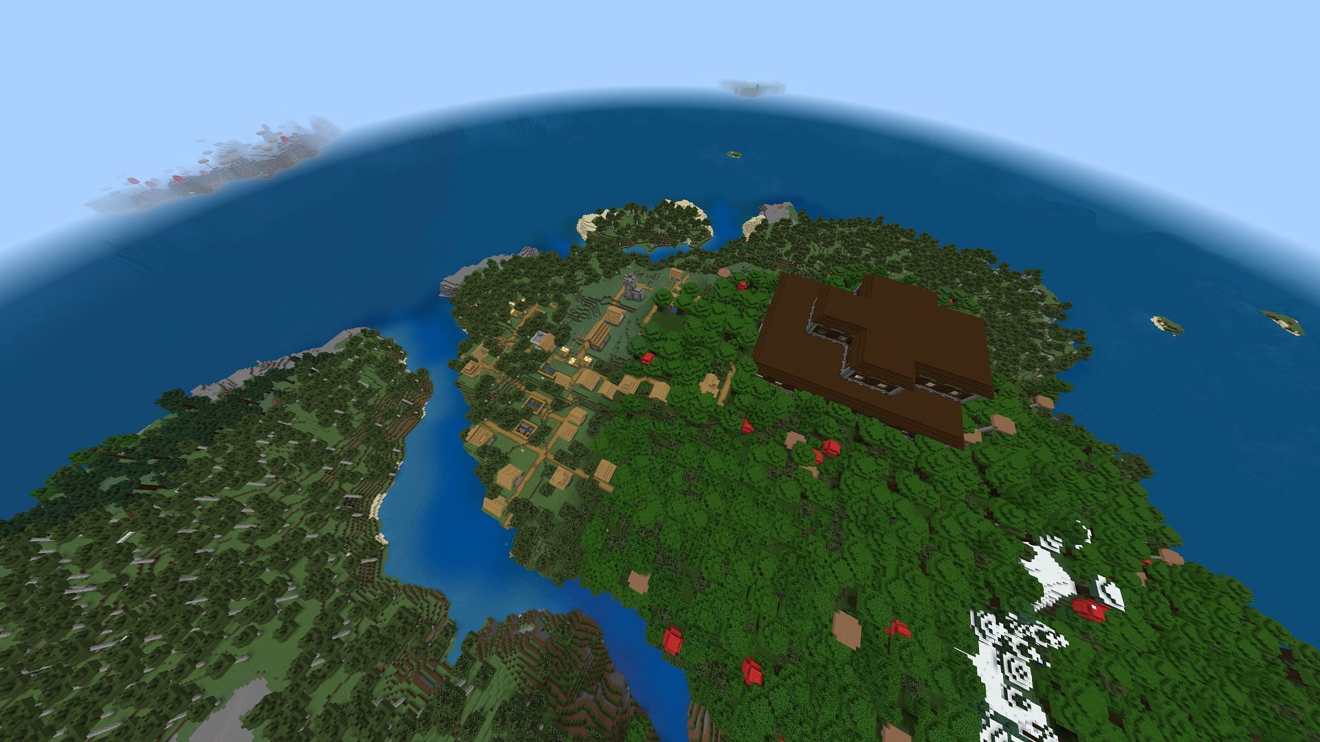 This Minecraft seed offers two structures at spawn and mushroom islands not far away (Image via u/Fragrant_Result_186/Reddit \\ Minecraft and Chill/YouTube)